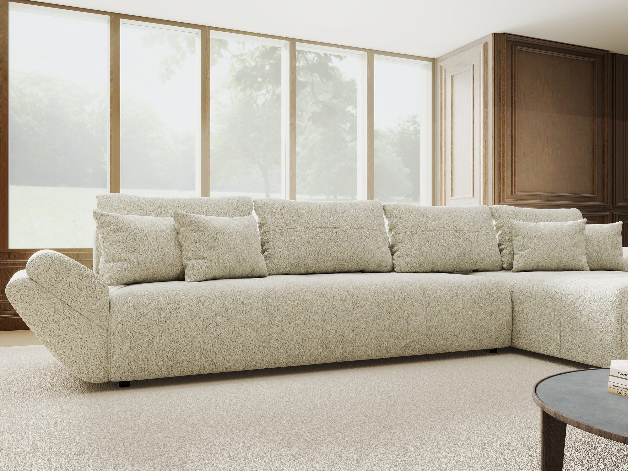 Colțar extensibil dumonde cu ladă de depozitare si sezut confortabil din spuma high-density, Berlin XL Arena Bej 20 II 350x185 cm