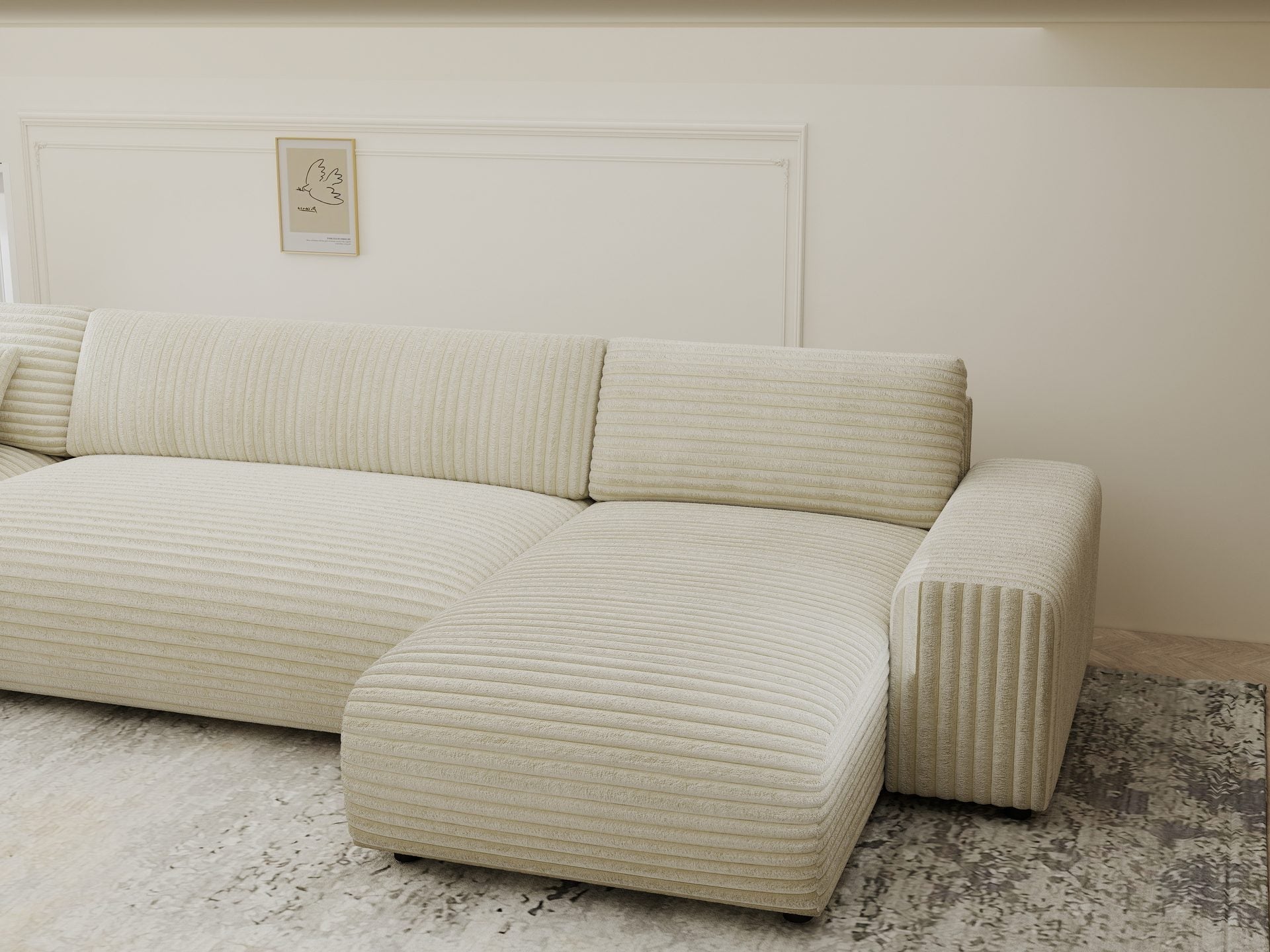 Dumonde kihúzható sarokkanapé tárolórekesszel és kényelmes, nagy sűrűségű habszivacs ülőfelülettel, Justin Tilia bej 374x224 cm