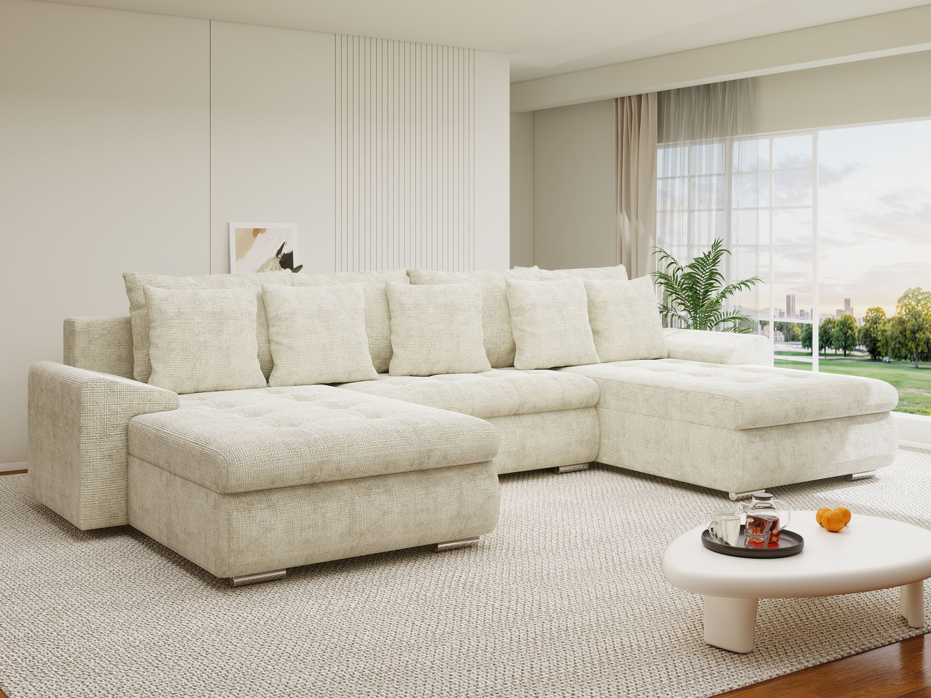 Colțar extensibil dumonde cu ladă de depozitare si sezut confortabil din spuma high-density, Leonardo U Cremona Bej 01 360x185 cm