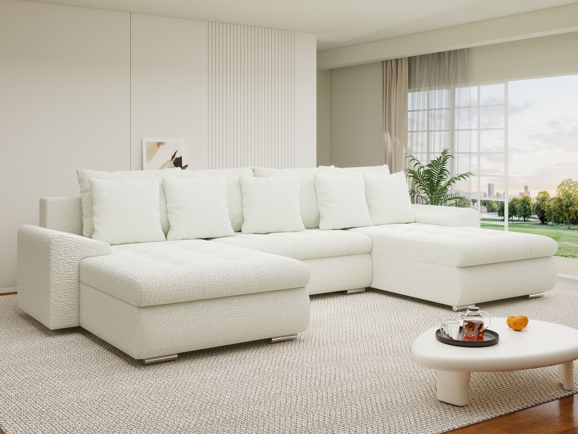 Colțar extensibil dumonde cu ladă de depozitare si sezut confortabil din spuma high-density, Leonardo U Jaguar Ivory 01 360x185 cm