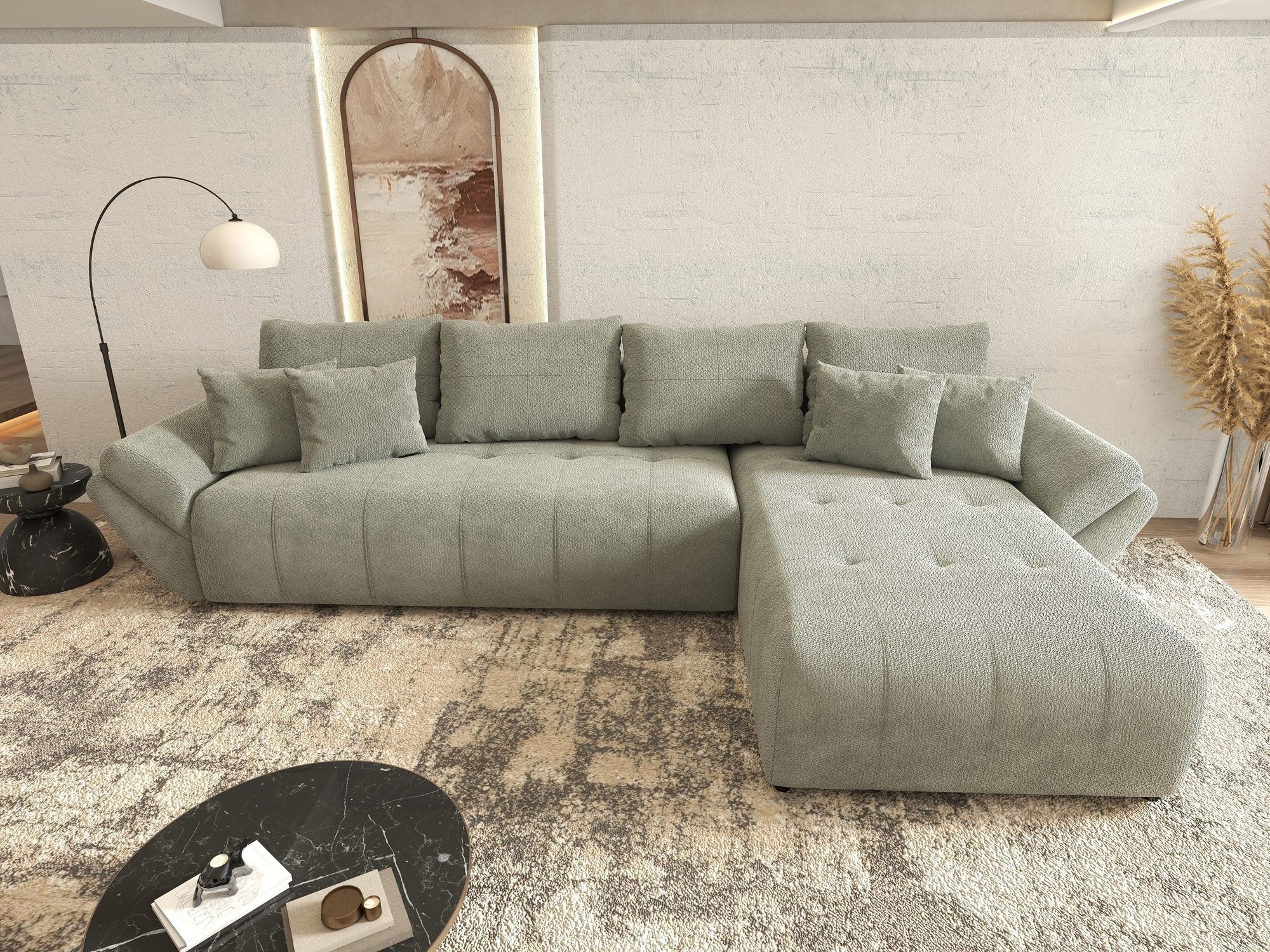 Colțar extensibil dumonde cu ladă de depozitare si sezut confortabil din spuma high-density, Berlin XL Vibe Mint 85 II 350x185 cm
