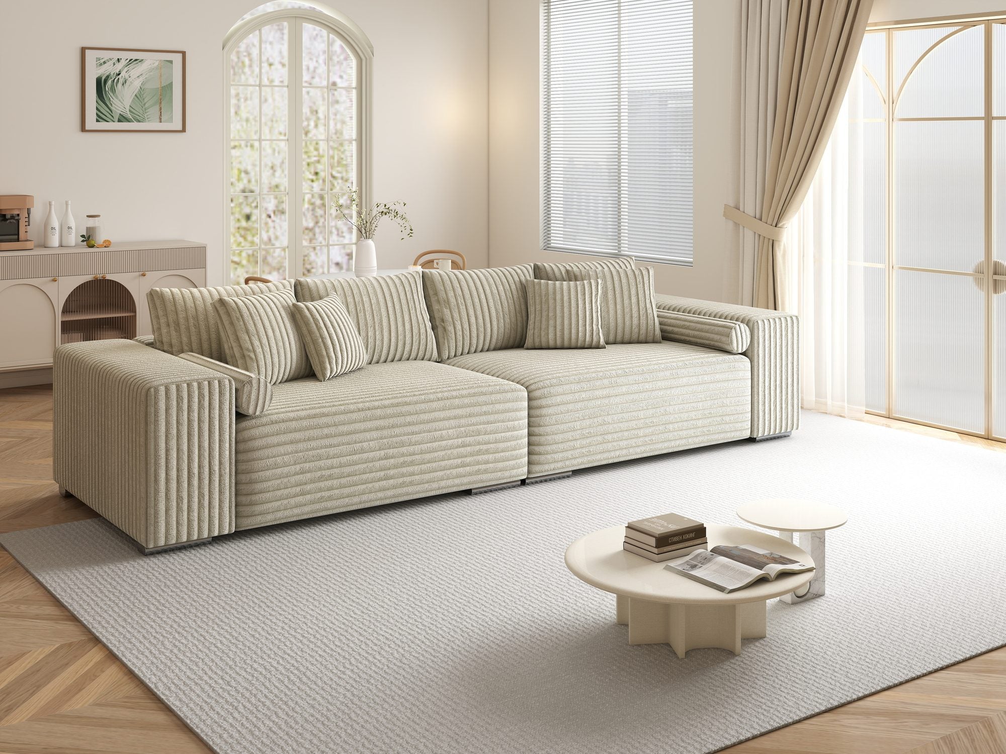 Canapea extensibilă dumonde cu ladă de depozitare si sezut confortabil din spuma high-density, Marbela XXL Tilia Bej 08 290x100 cm