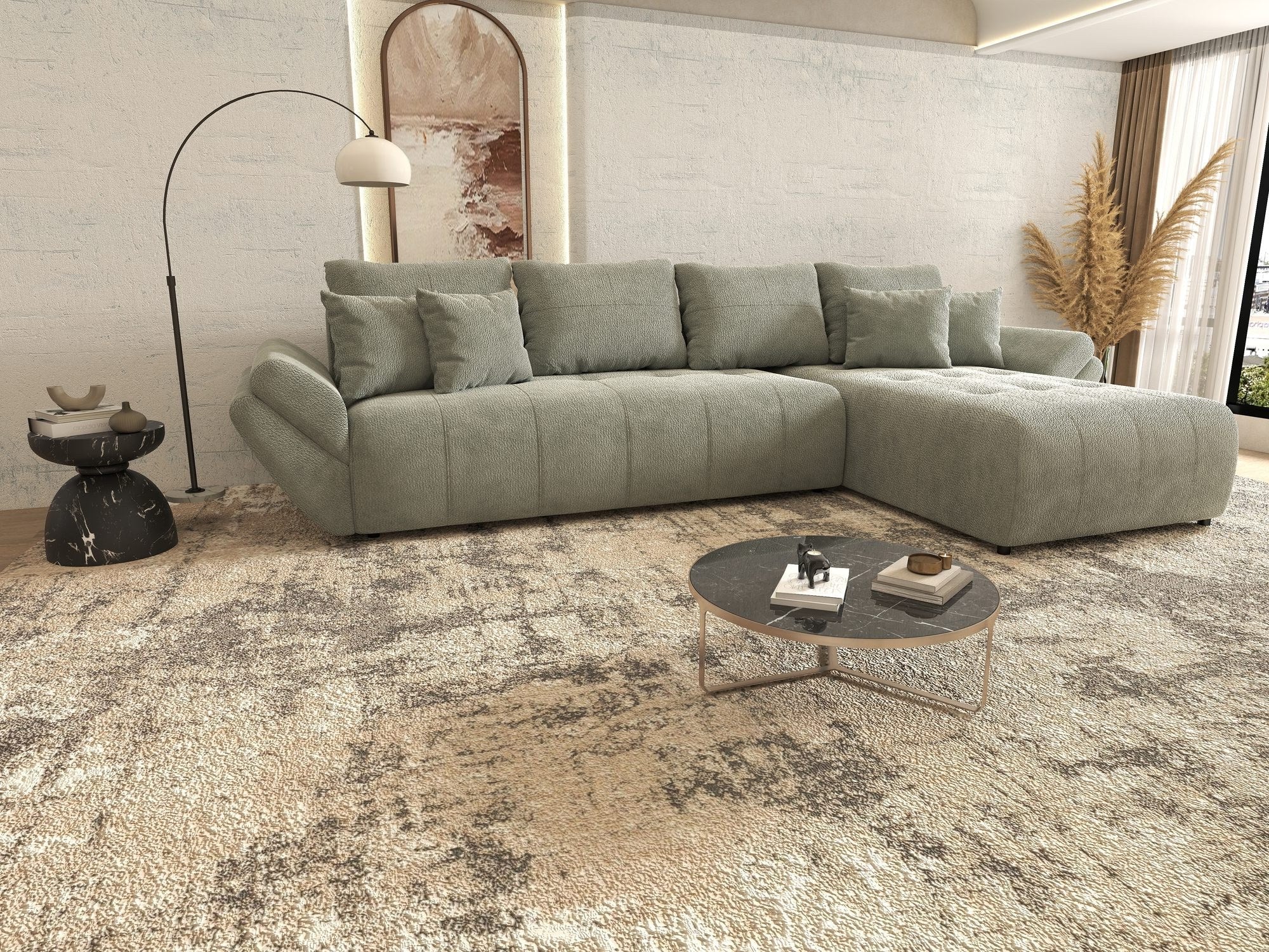 Colțar extensibil dumonde cu ladă de depozitare si sezut confortabil din spuma high-density, Berlin XL Vibe Mint 85 II 350x185 cm