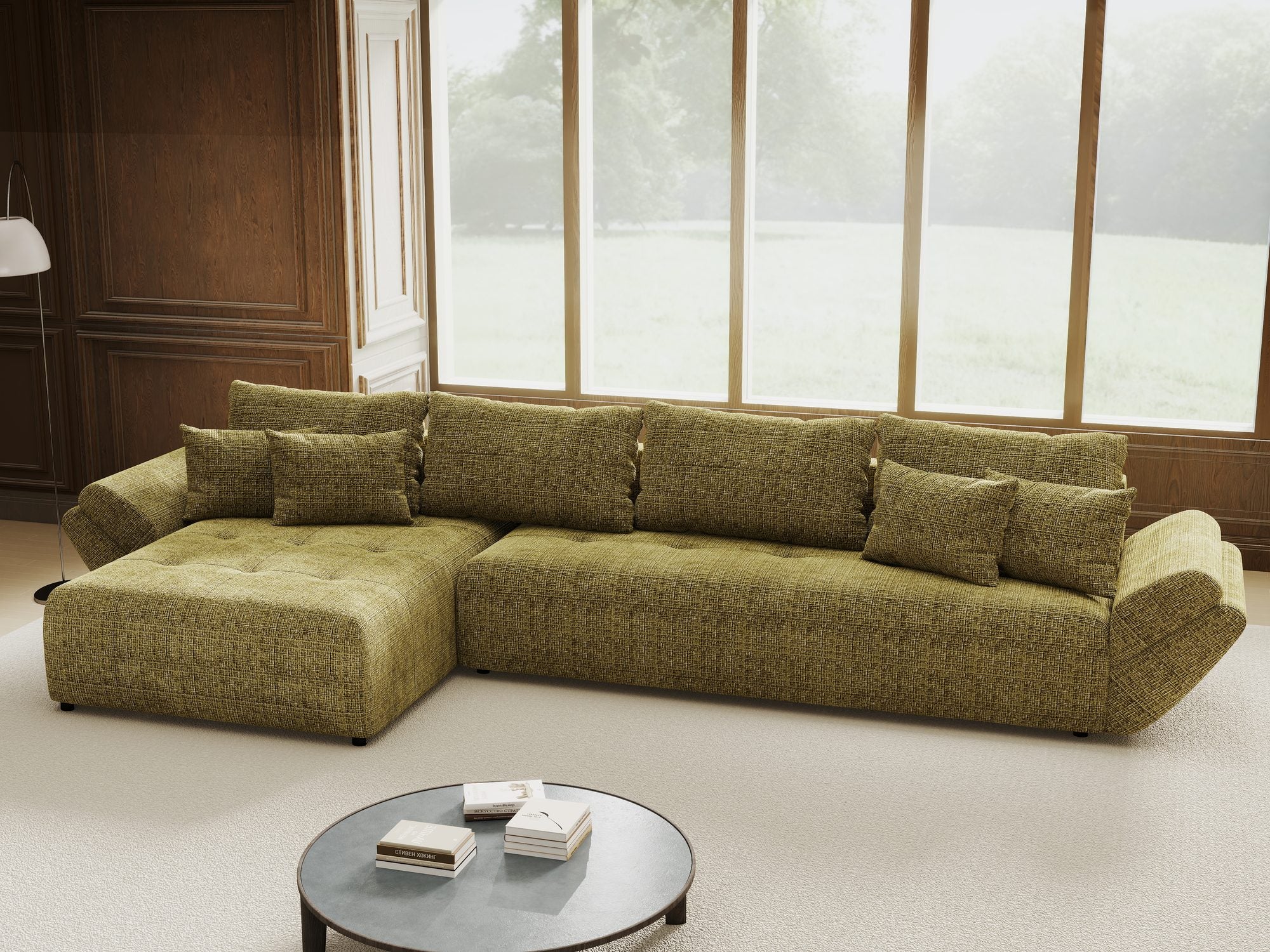 Colțar extensibil dumonde cu ladă de depozitare si sezut confortabil din spuma high-density, Berlin XL Cremona Olive 38 350x185 cm