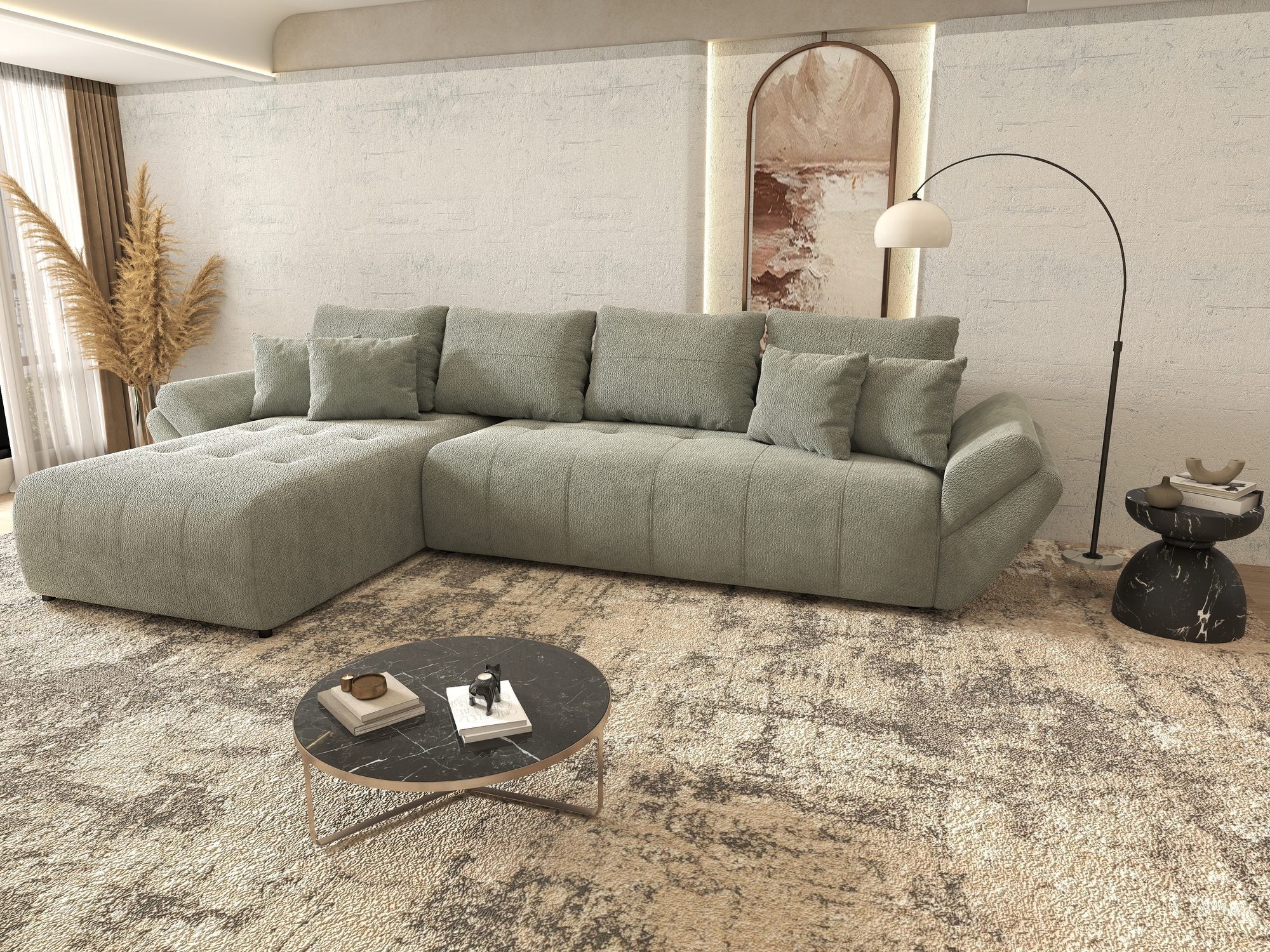 Colțar extensibil dumonde cu ladă de depozitare si sezut confortabil din spuma high-density, Berlin XL Vibe Mint 85 350x185 cm