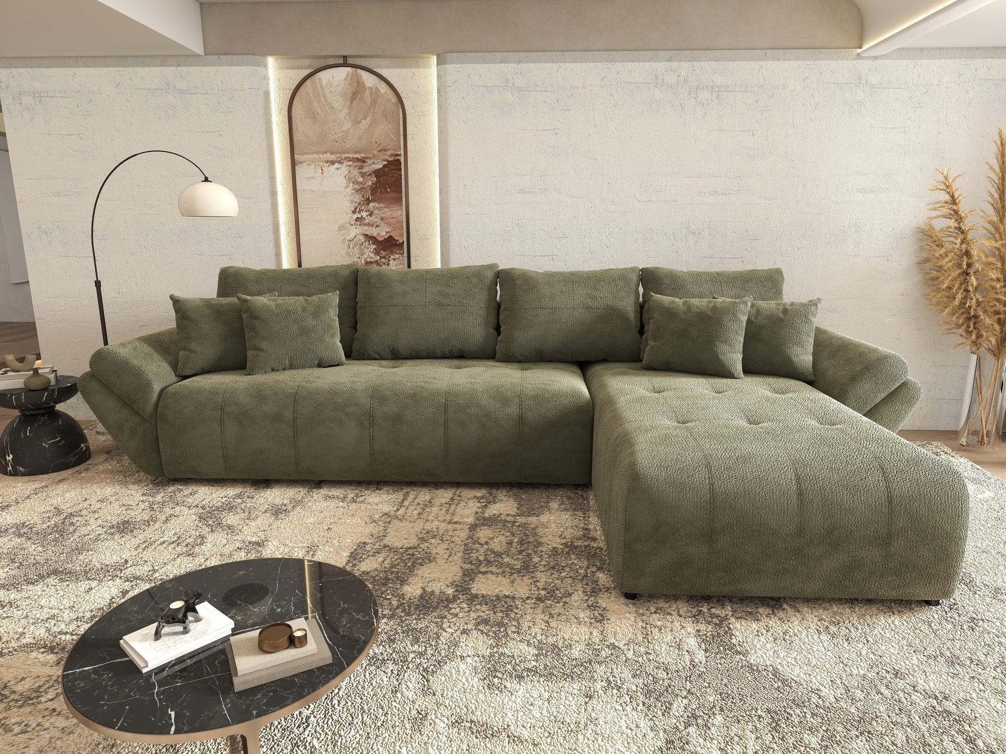 Colțar extensibil dumonde cu ladă de depozitare si sezut confortabil din spuma high-density, Berlin XL Vibe Olive 38 II 350x185 cm