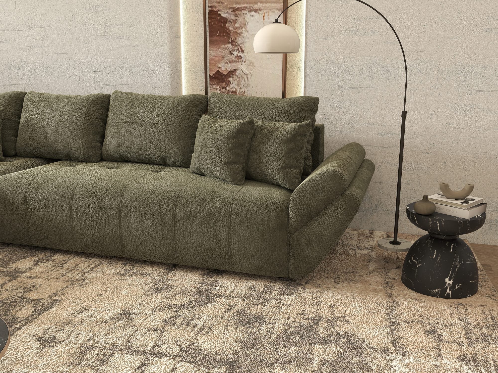 Colțar extensibil dumonde cu ladă de depozitare si sezut confortabil din spuma high-density, Berlin XL Vibe Olive 38 350x185 cm