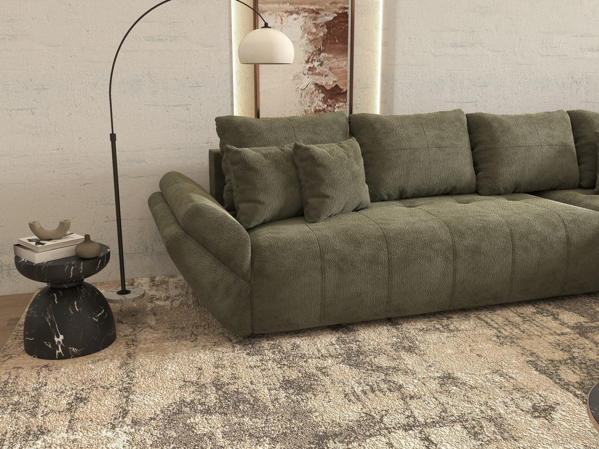 Colțar extensibil dumonde cu ladă de depozitare si sezut confortabil din spuma high-density, Berlin XL Vibe Olive 38 II 350x185 cm
