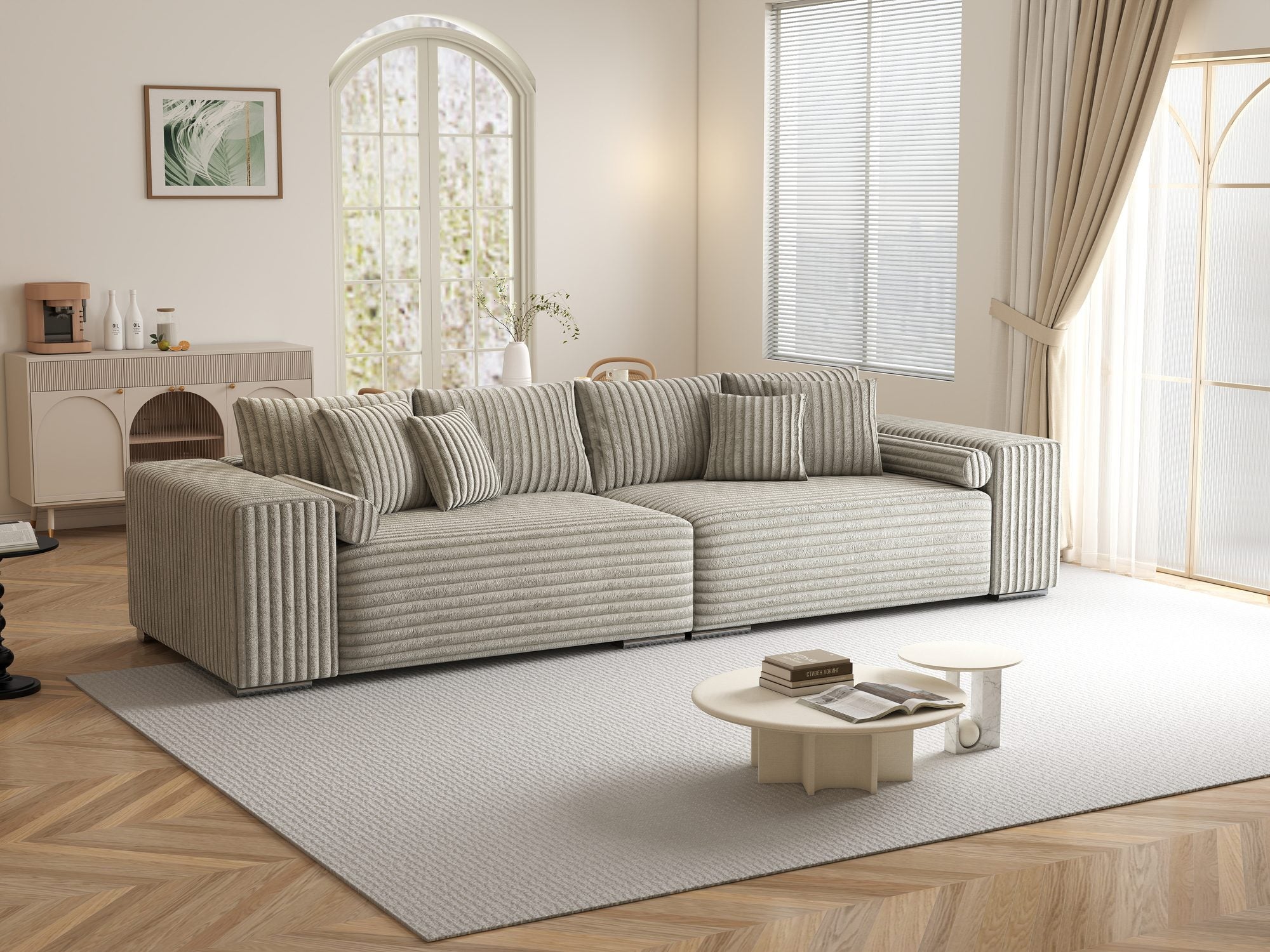 Canapea extensibilă dumonde cu ladă de depozitare si sezut confortabil din spuma high-density, Marbela XXL Tilia Gri- Bej 11 290x100 cm