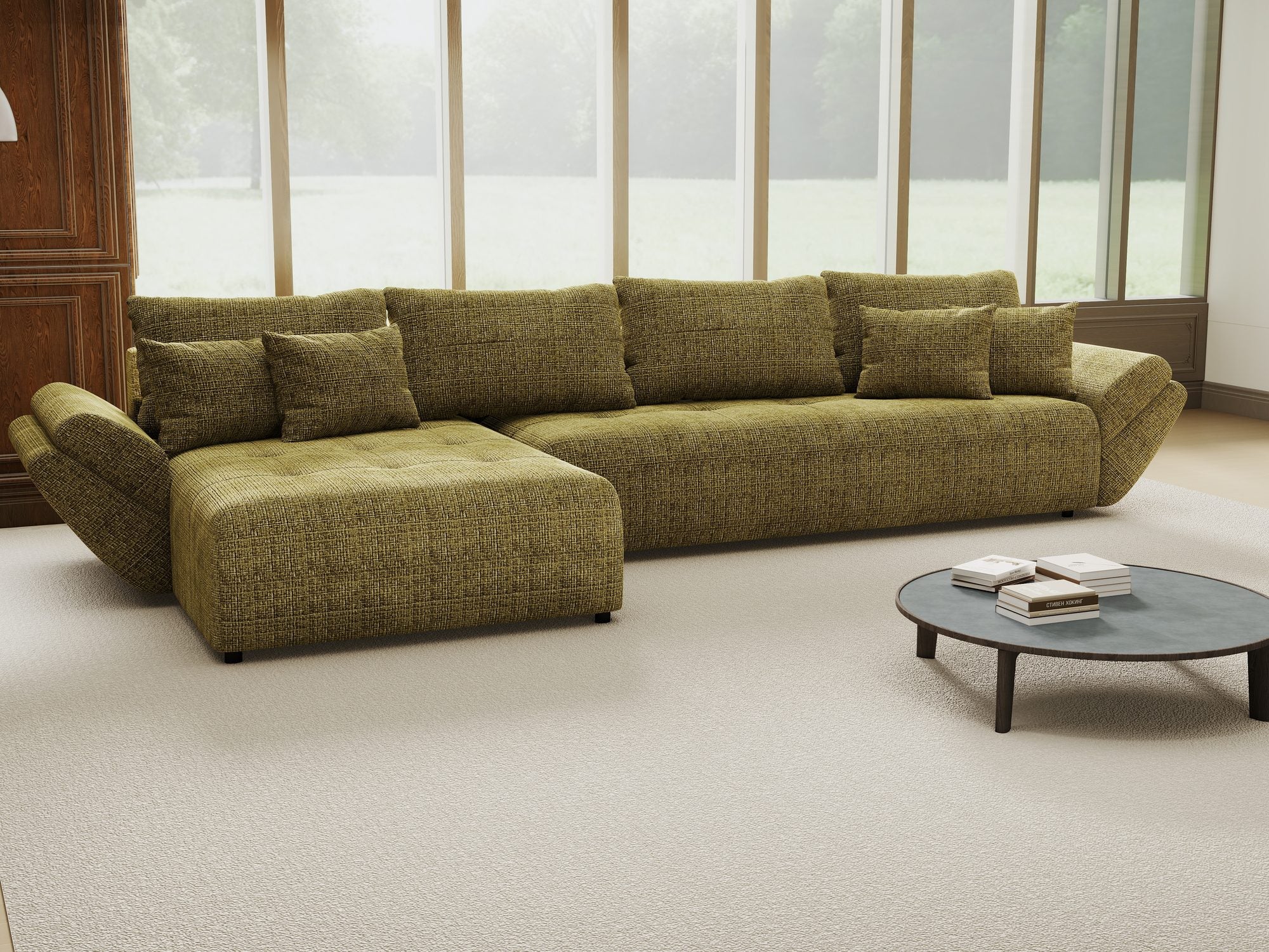 Colțar extensibil dumonde cu ladă de depozitare si sezut confortabil din spuma high-density, Berlin XL Cremona Olive 38 350x185 cm