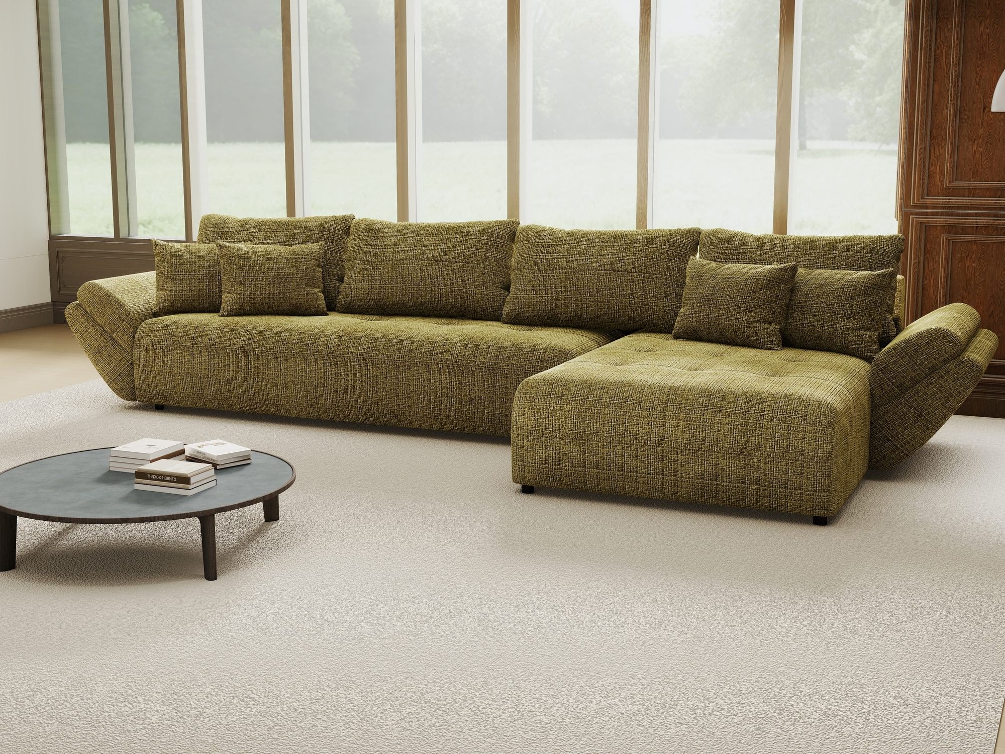 Colțar extensibil dumonde cu ladă de depozitare si sezut confortabil din spuma high-density, Berlin XL Cremona Olive 38 II 350x185 cm