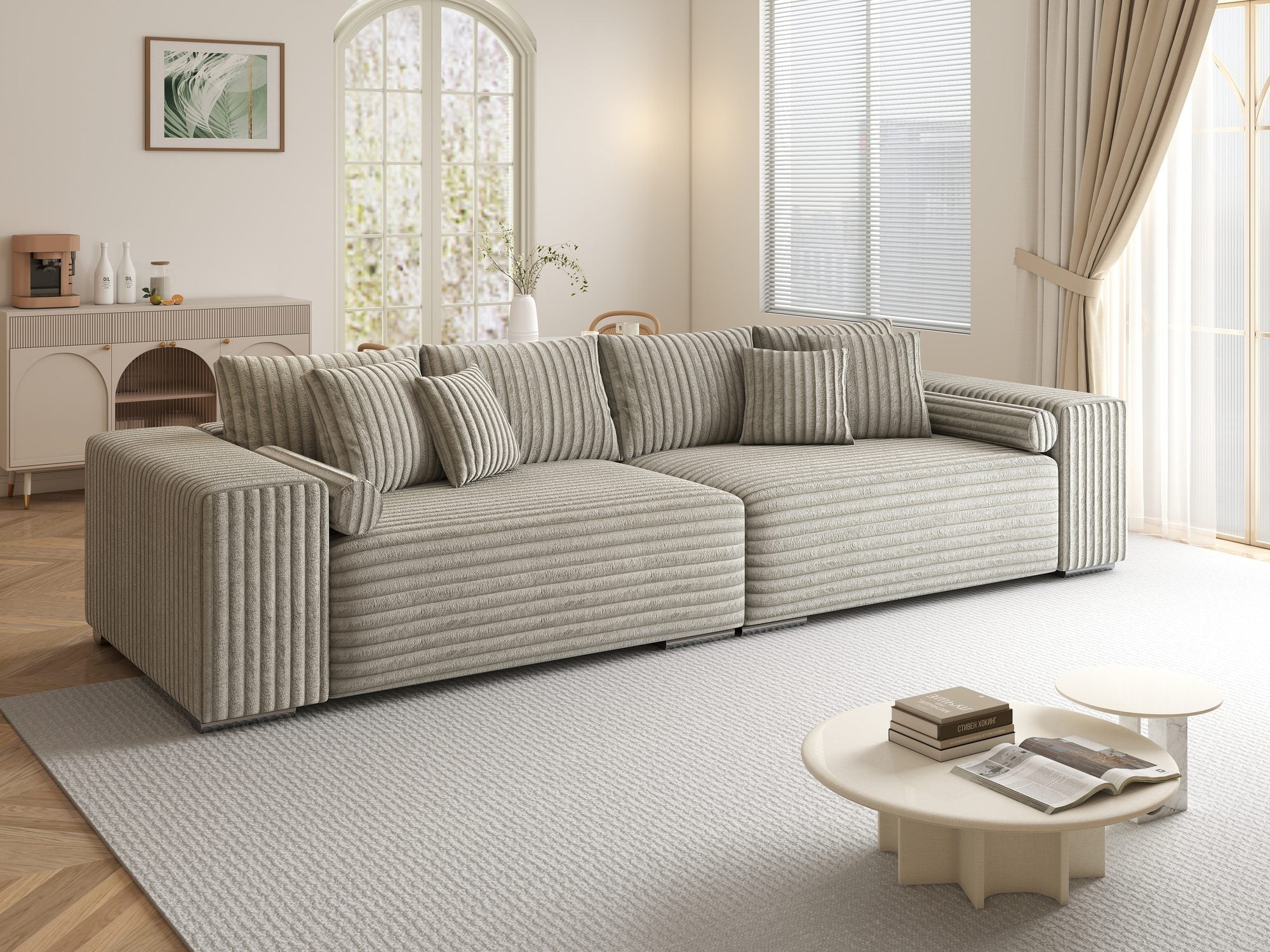 Canapea extensibilă dumonde cu ladă de depozitare si sezut confortabil din spuma high-density, Marbela XXL Tilia Gri- Bej 11 290x100 cm