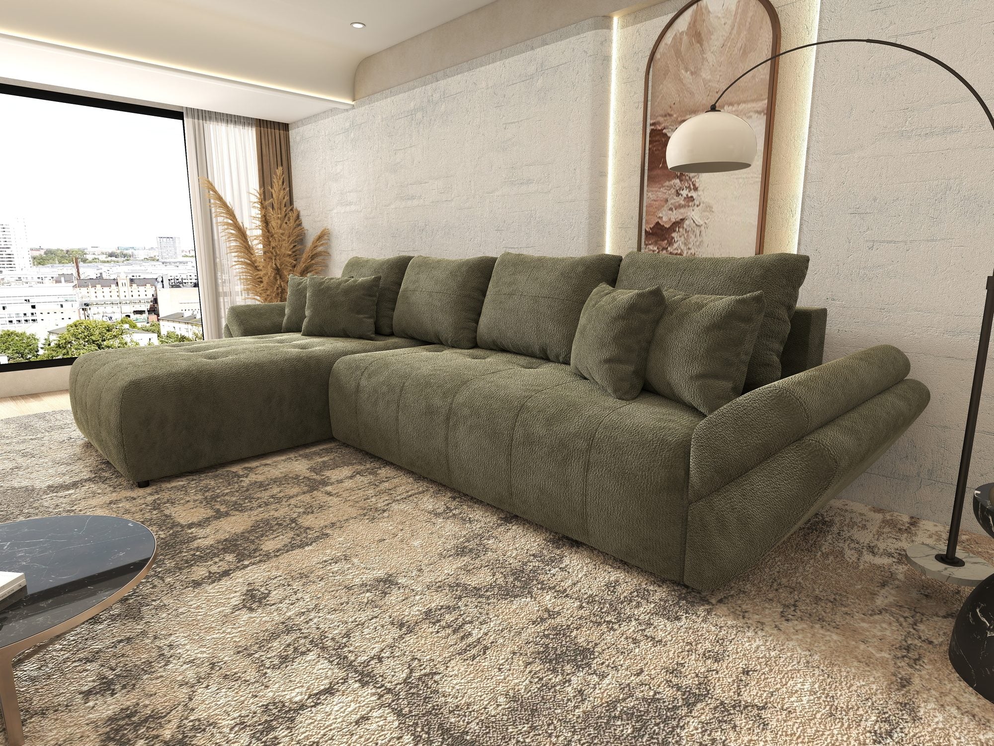 Colțar extensibil dumonde cu ladă de depozitare si sezut confortabil din spuma high-density, Berlin XL Vibe Olive 38 350x185 cm