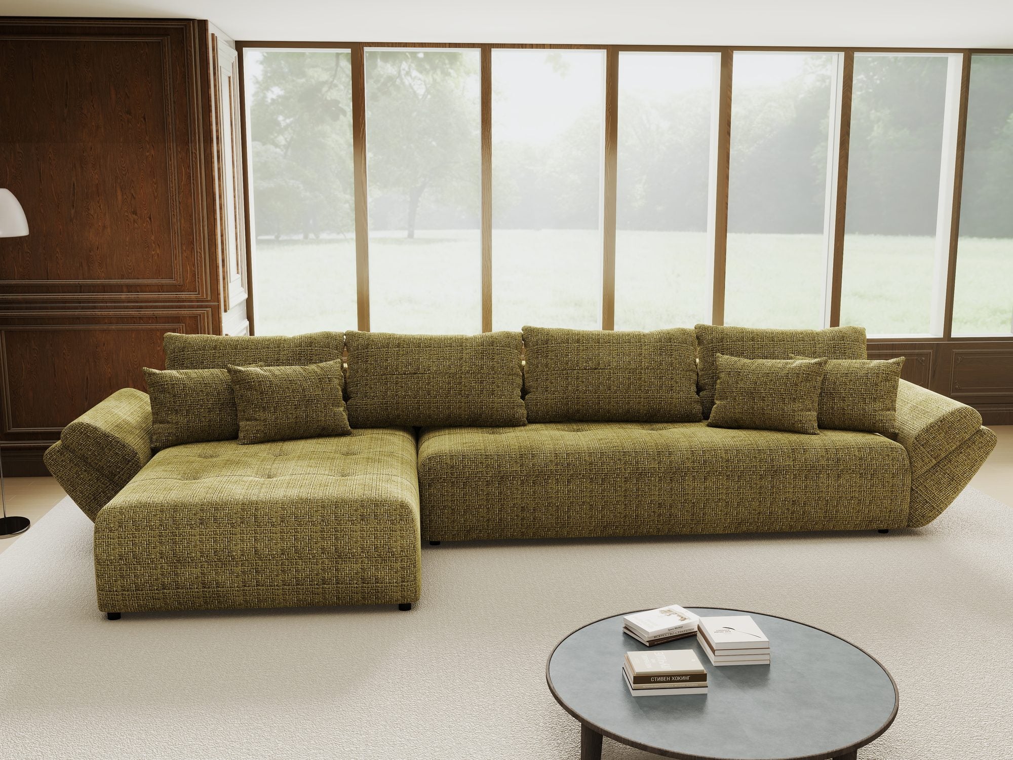 Colțar extensibil dumonde cu ladă de depozitare si sezut confortabil din spuma high-density, Berlin XL Cremona Olive 38 350x185 cm