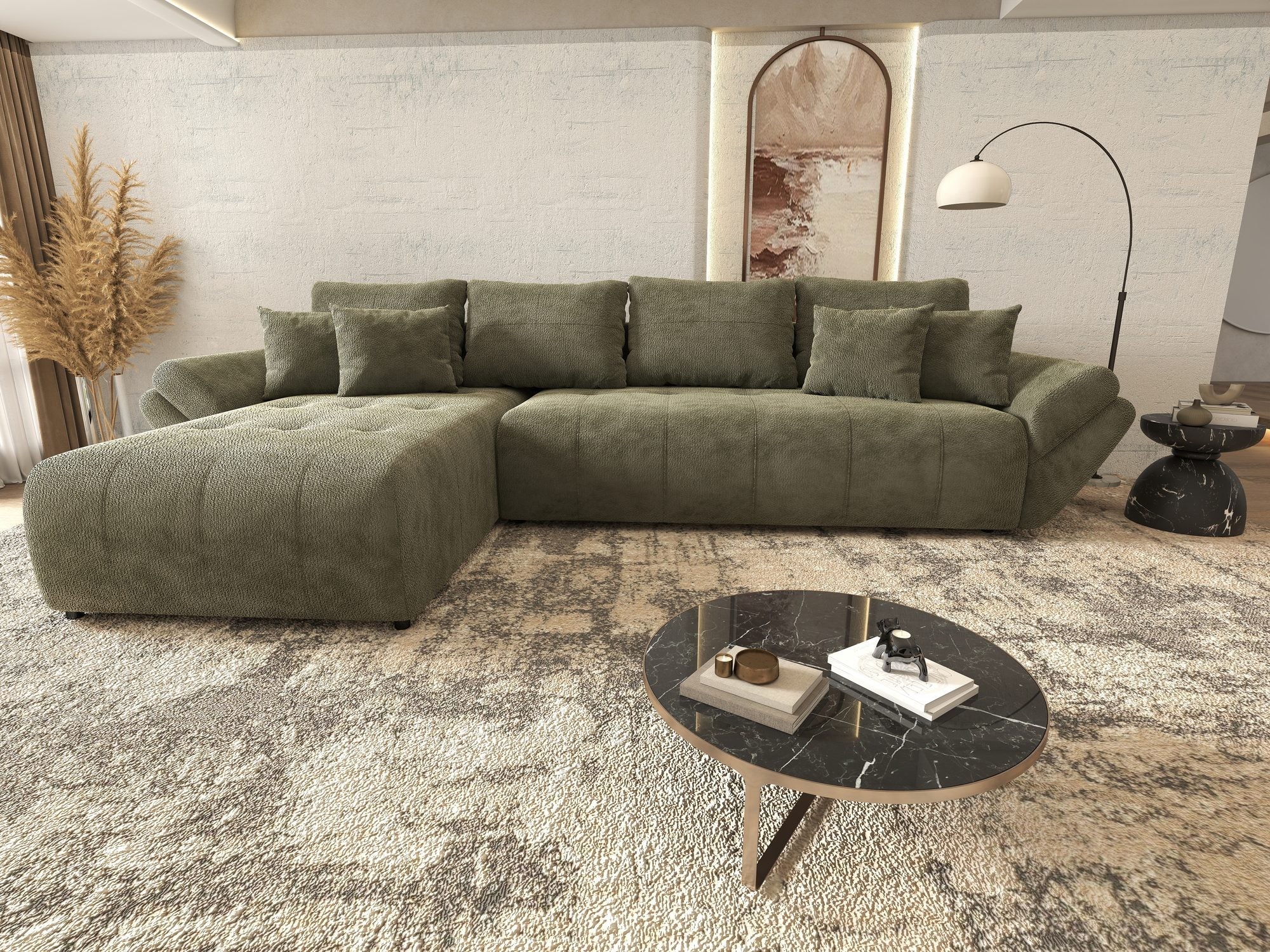 Colțar extensibil dumonde cu ladă de depozitare si sezut confortabil din spuma high-density, Berlin XL Vibe Olive 38 350x185 cm