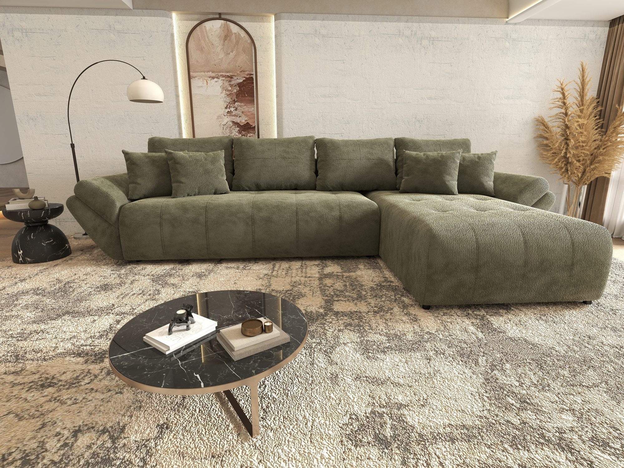 Colțar extensibil dumonde cu ladă de depozitare si sezut confortabil din spuma high-density, Berlin XL Vibe Olive 38 II 350x185 cm