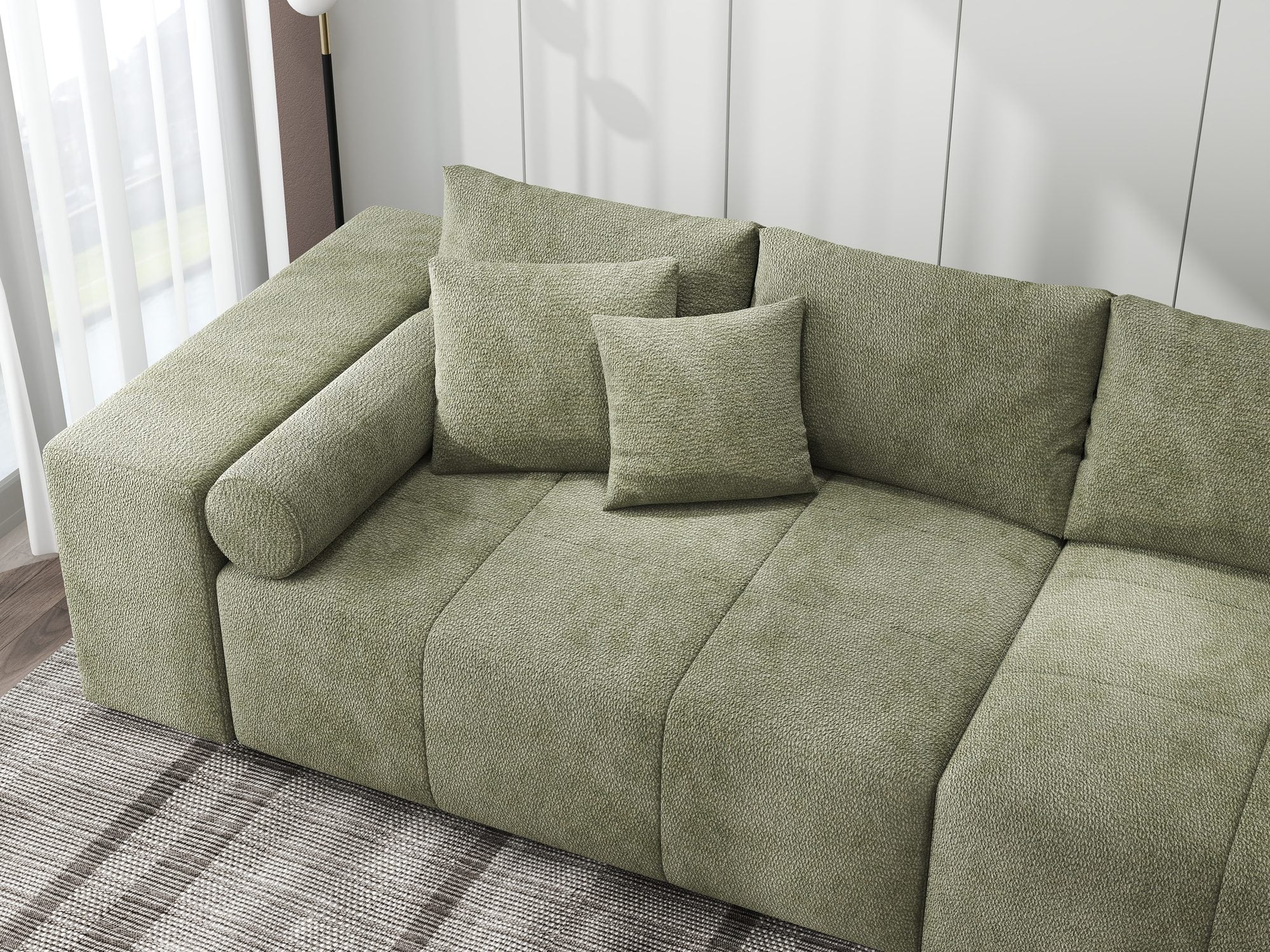 Canapea extensibilă dumonde cu ladă de depozitare si sezut confortabil din spuma high-density, Marbela XXL Vibe Olive 38 290x100 cm