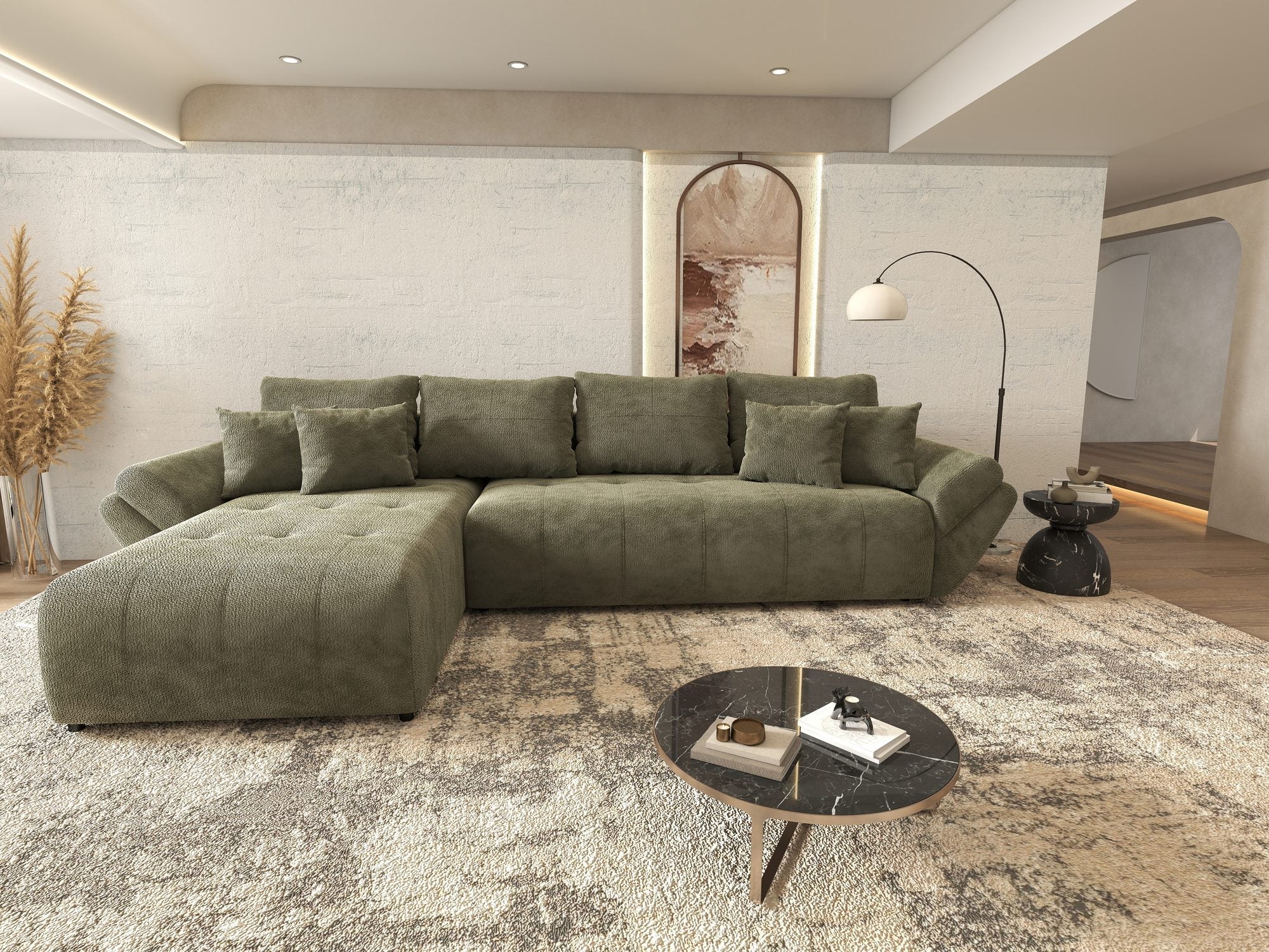 Colțar extensibil dumonde cu ladă de depozitare si sezut confortabil din spuma high-density, Berlin XL Vibe Olive 38 350x185 cm