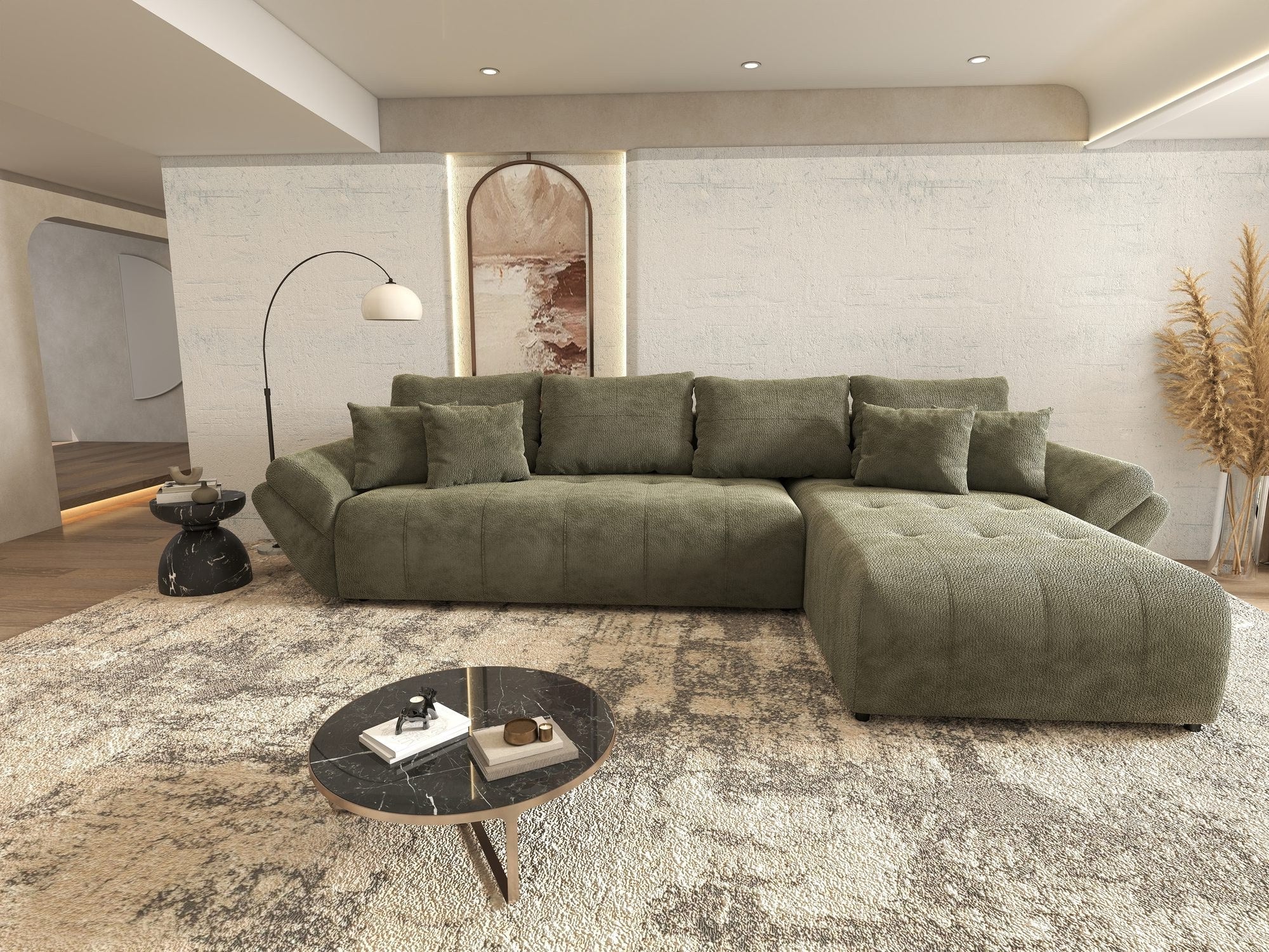 Colțar extensibil dumonde cu ladă de depozitare si sezut confortabil din spuma high-density, Berlin XL Vibe Olive 38 II 350x185 cm