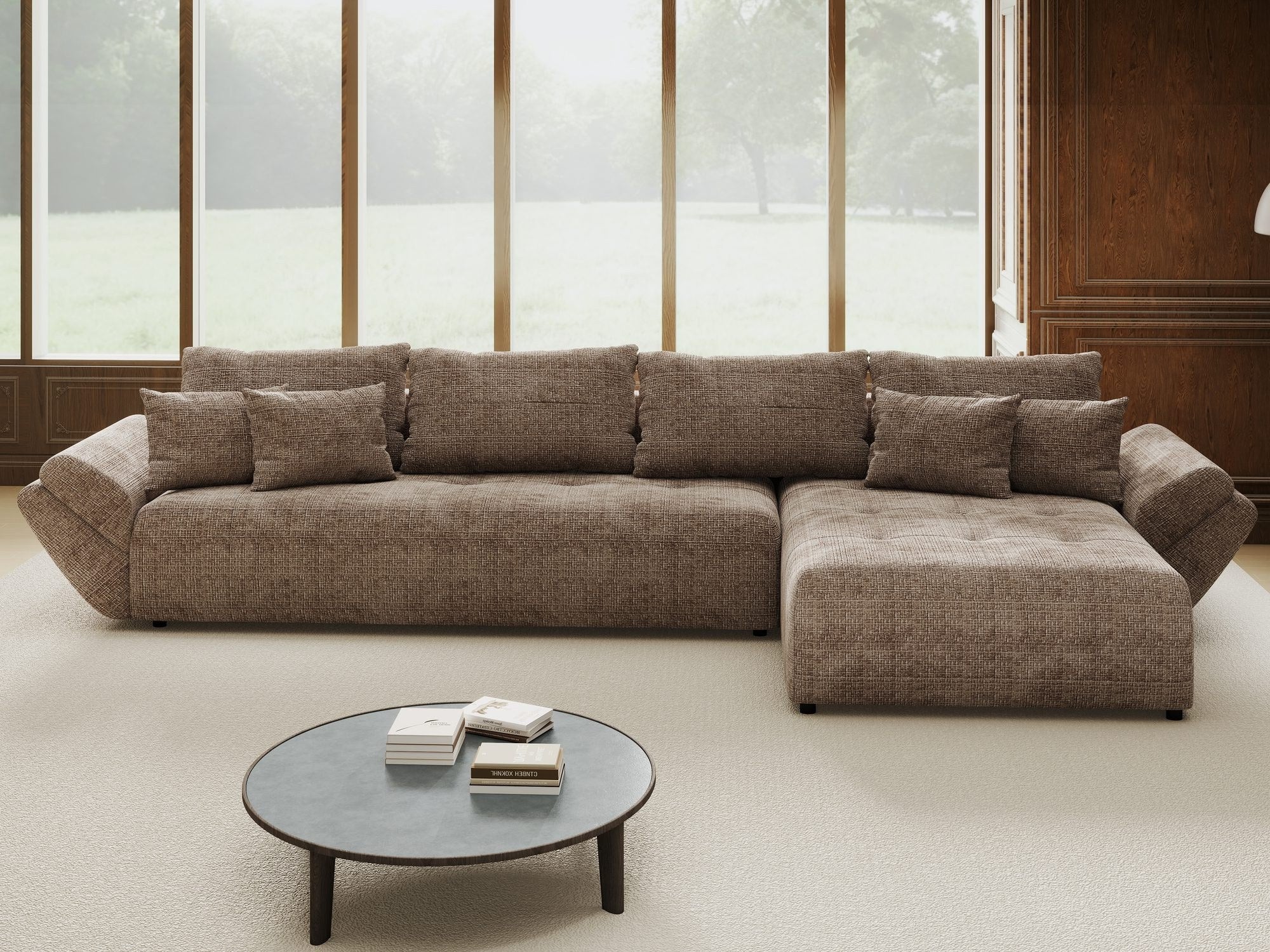Colțar extensibil dumonde cu ladă de depozitare si sezut confortabil din spuma high-density, Berlin XL Cremona Maro-bej 24 II 350x185 cm