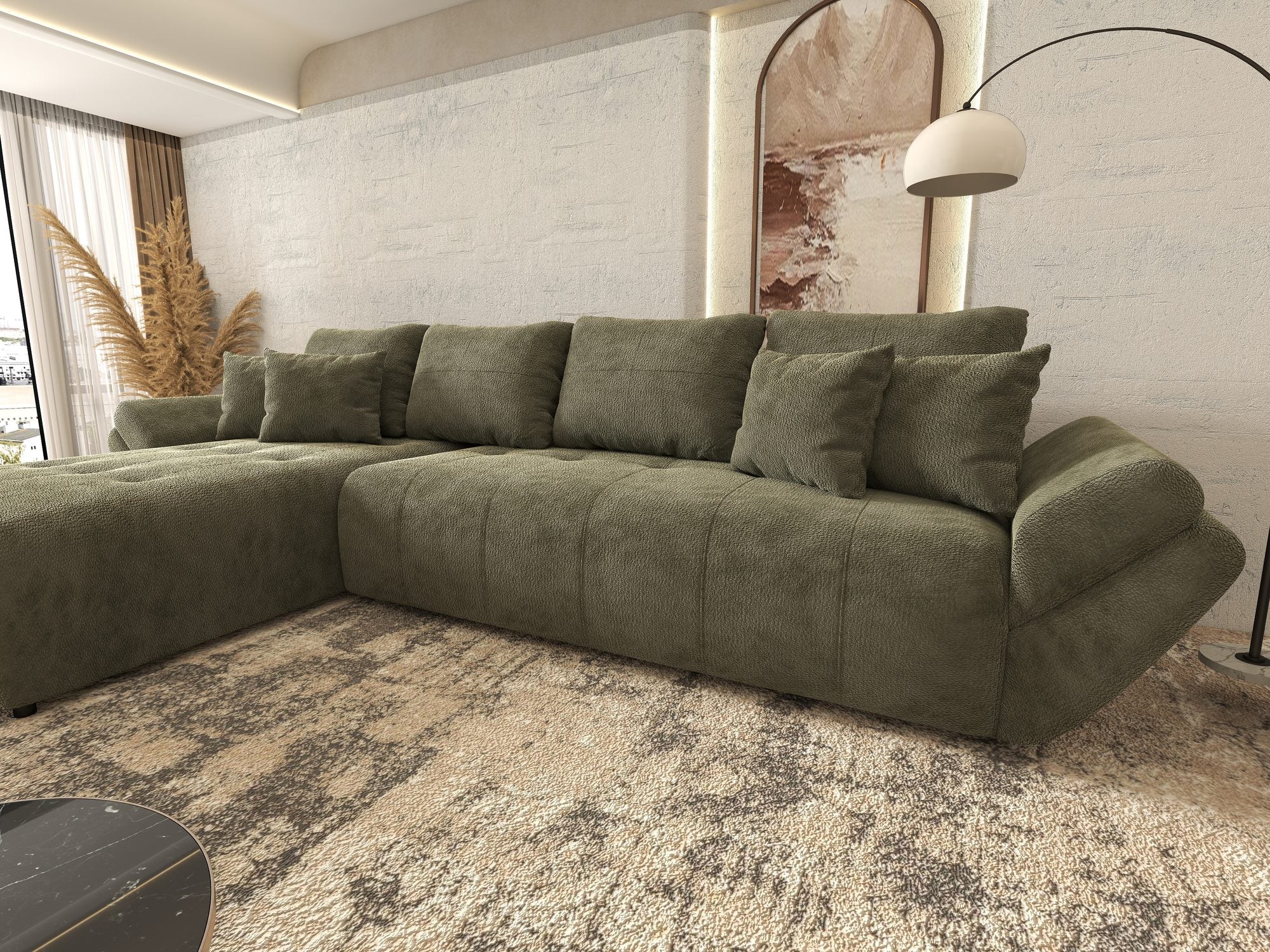 Colțar extensibil dumonde cu ladă de depozitare si sezut confortabil din spuma high-density, Berlin XL Vibe Olive 38 350x185 cm