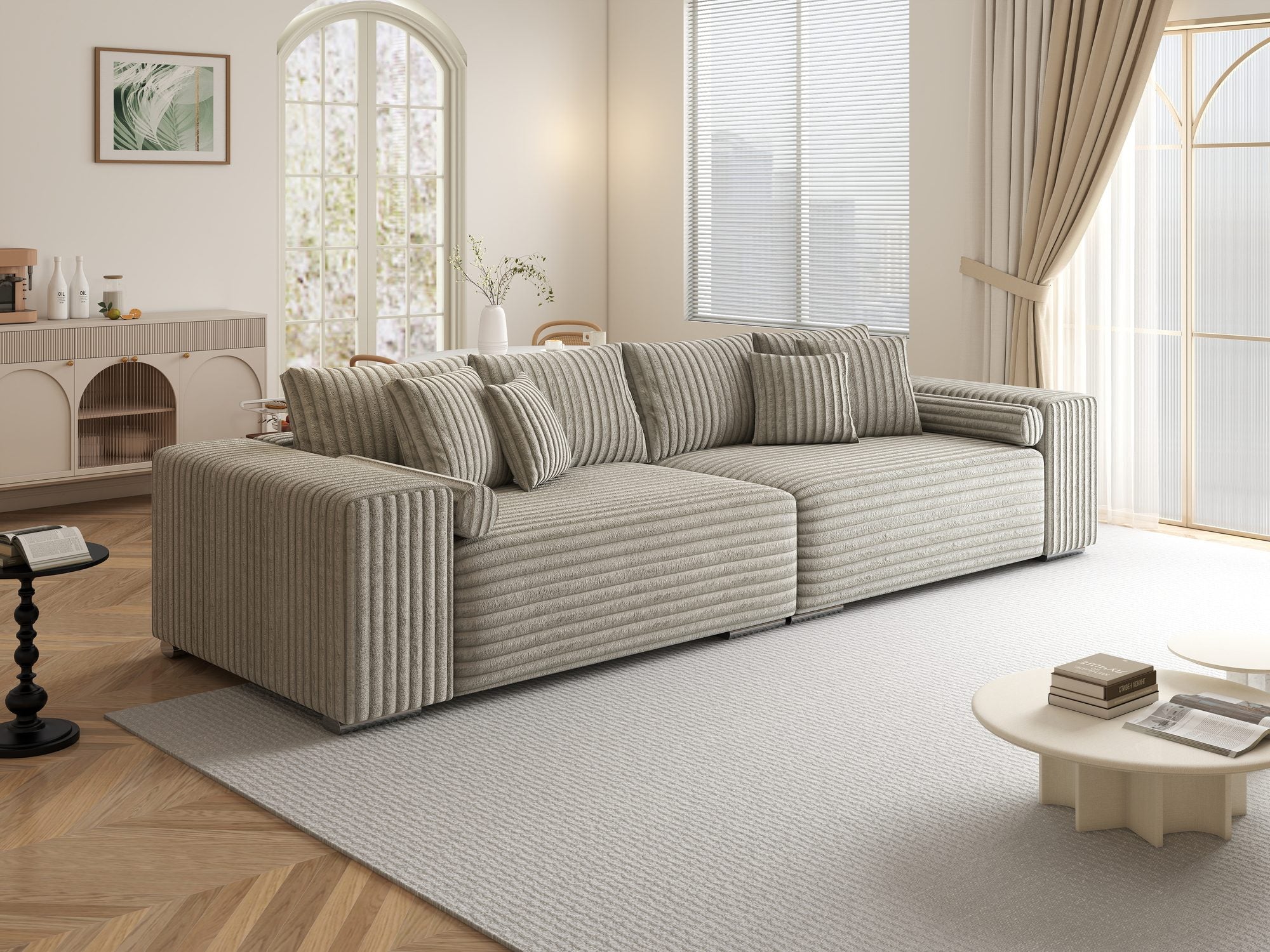 Canapea extensibilă dumonde cu ladă de depozitare si sezut confortabil din spuma high-density, Marbela XXL Tilia Gri- Bej 11 290x100 cm