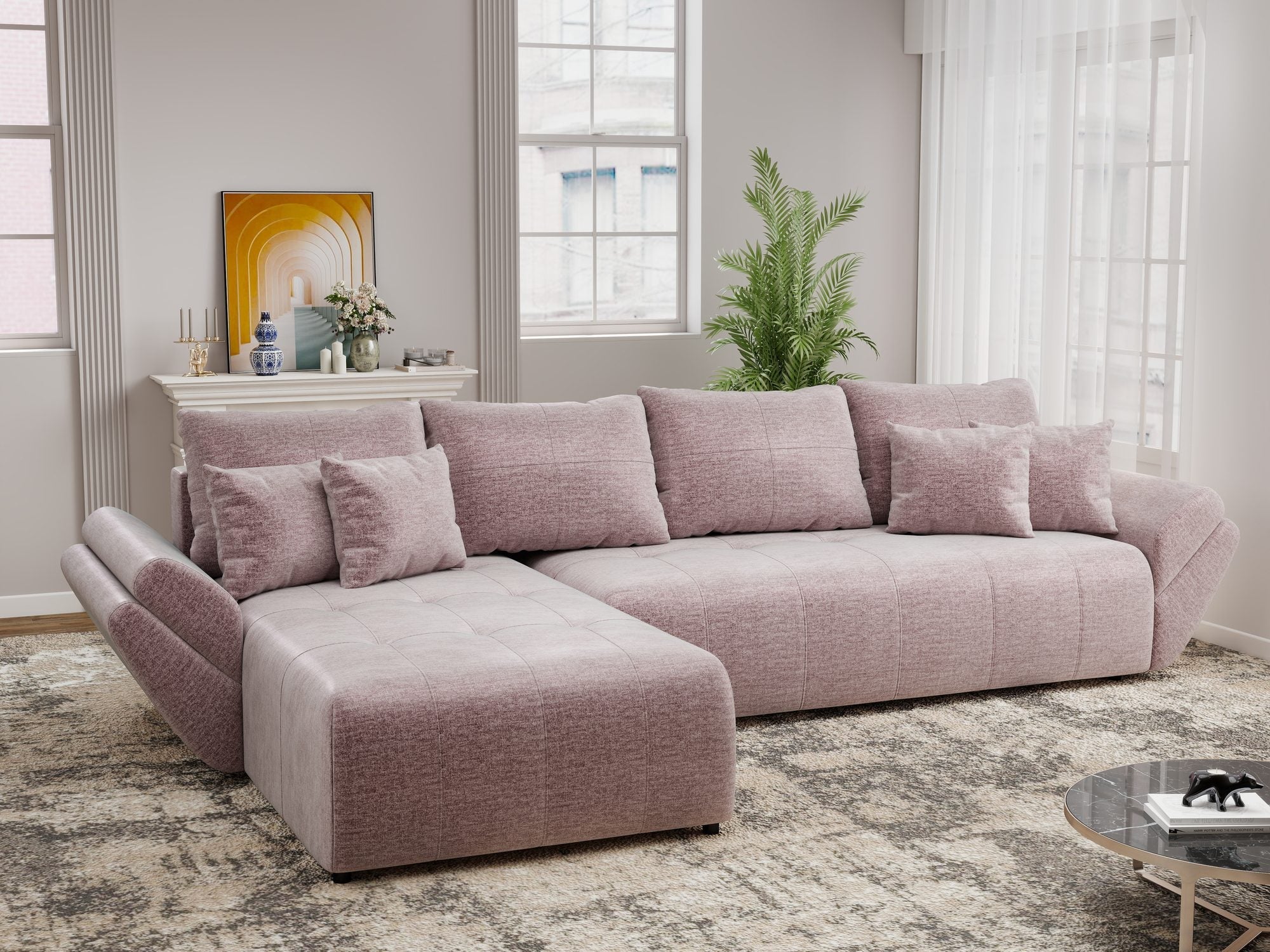 Colțar extensibil dumonde cu ladă de depozitare si sezut confortabil din spuma high-density, Berlin XL Monolith Roz Pudrat 62 350x185 cm