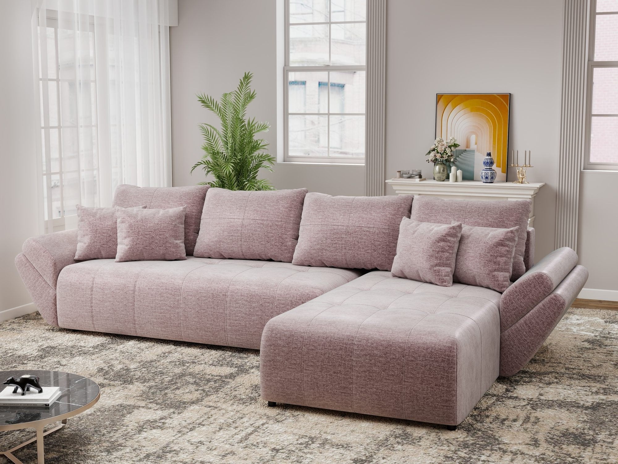 Colțar extensibil dumonde cu ladă de depozitare si sezut confortabil din spuma high-density, Berlin XL Monolith Roz Pudrat 62 II 350x185 cm