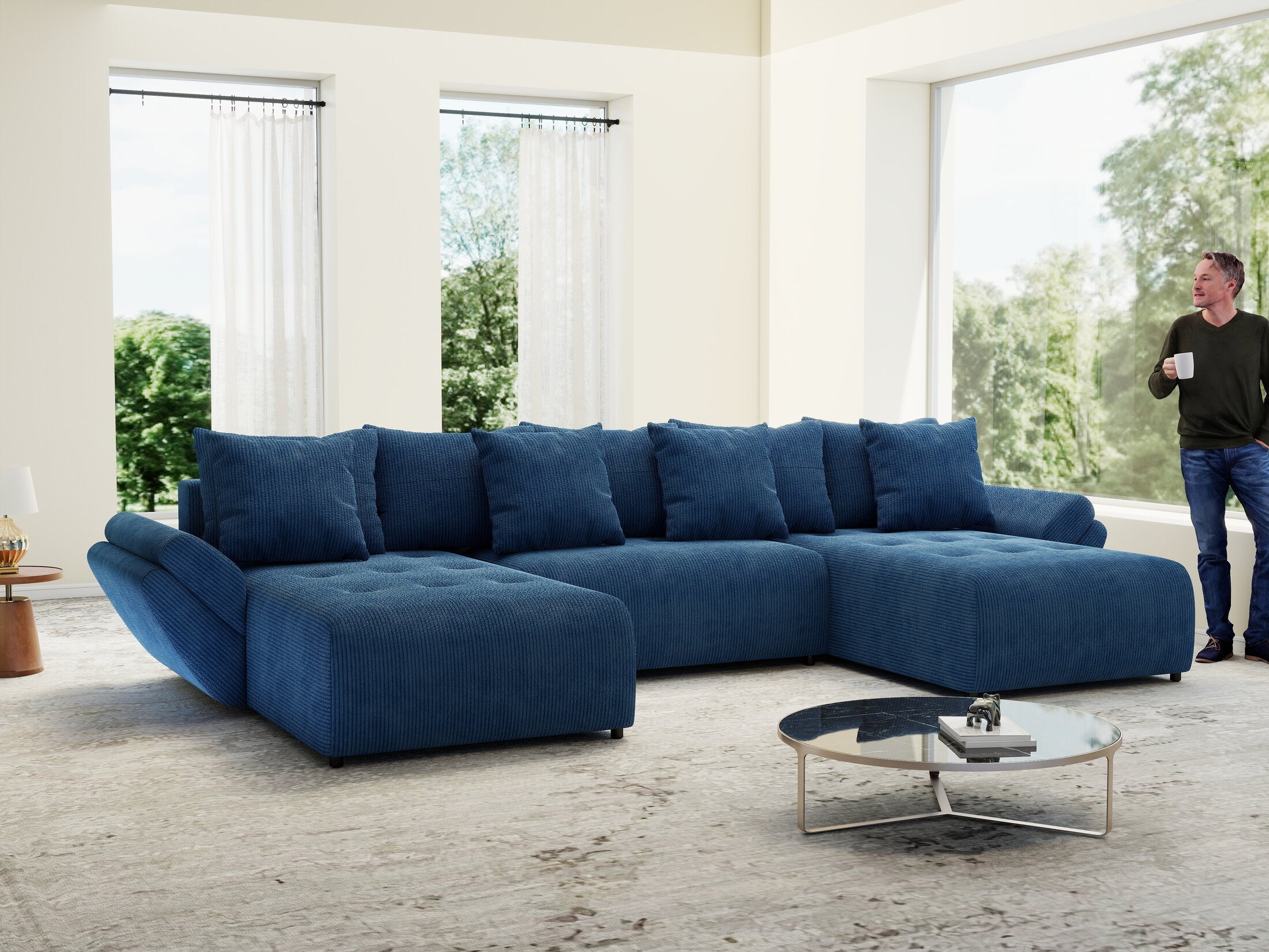 Colțar extensibil dumonde cu ladă de depozitare si sezut confortabil din spuma high-density, Berlin U Zoom Blue 400x185 cm