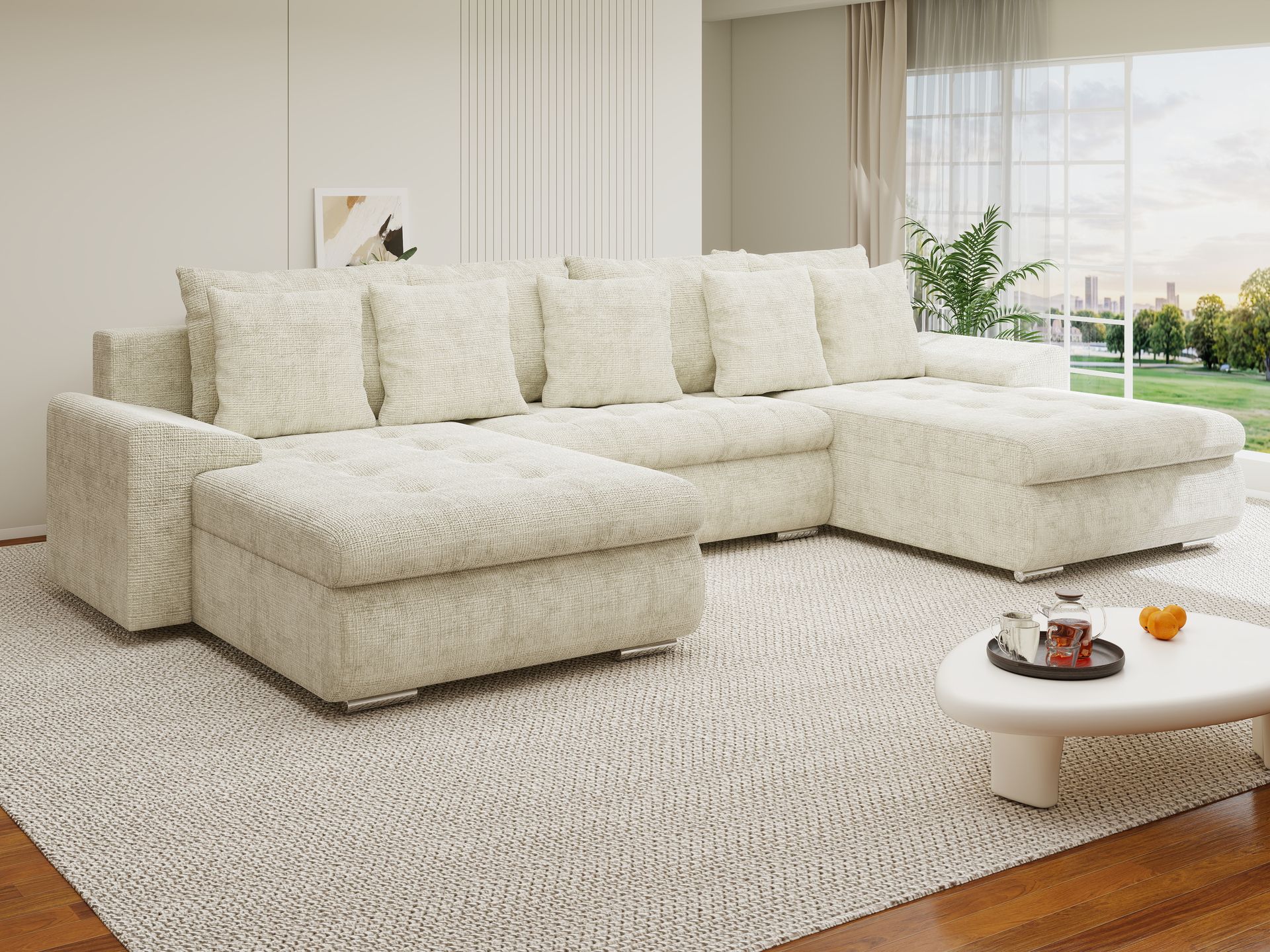 Colțar extensibil dumonde cu ladă de depozitare si sezut confortabil din spuma high-density, Leonardo U Cremona Bej 01 360x185 cm