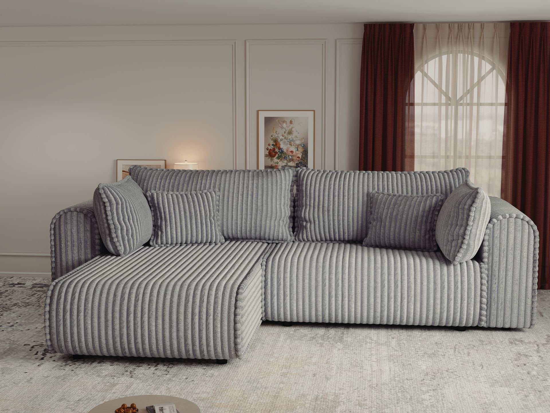 Colțar extensibil dumonde cu ladă de depozitare si sezut confortabil din spuma high-density, Monaco L Tilia Dove 270x100 cm