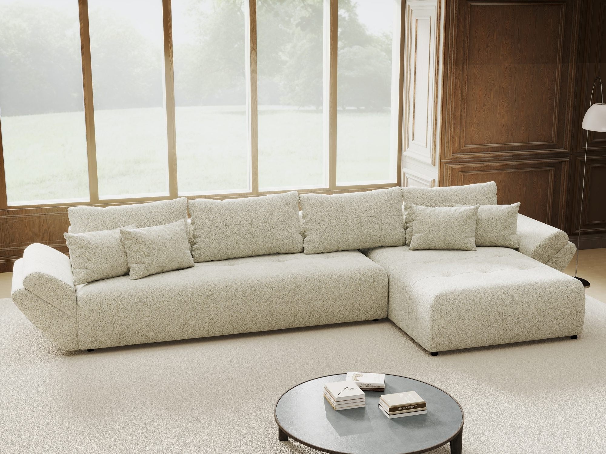 Colțar extensibil dumonde cu ladă de depozitare si sezut confortabil din spuma high-density, Berlin XL Arena Bej 20 II 350x185 cm