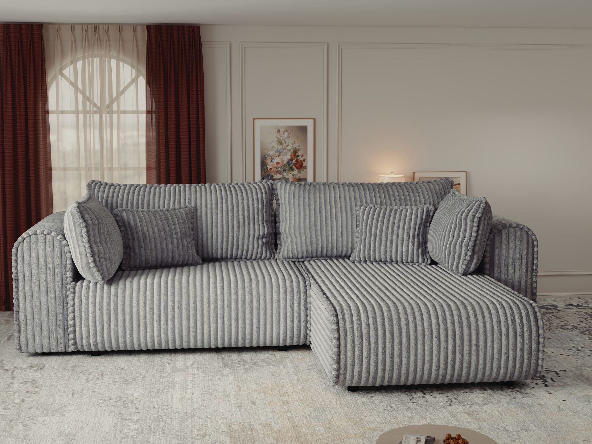 Colțar extensibil dumonde cu ladă de depozitare si sezut confortabil din spuma high-density, Monaco L Tilia Dove II 270x100 cm