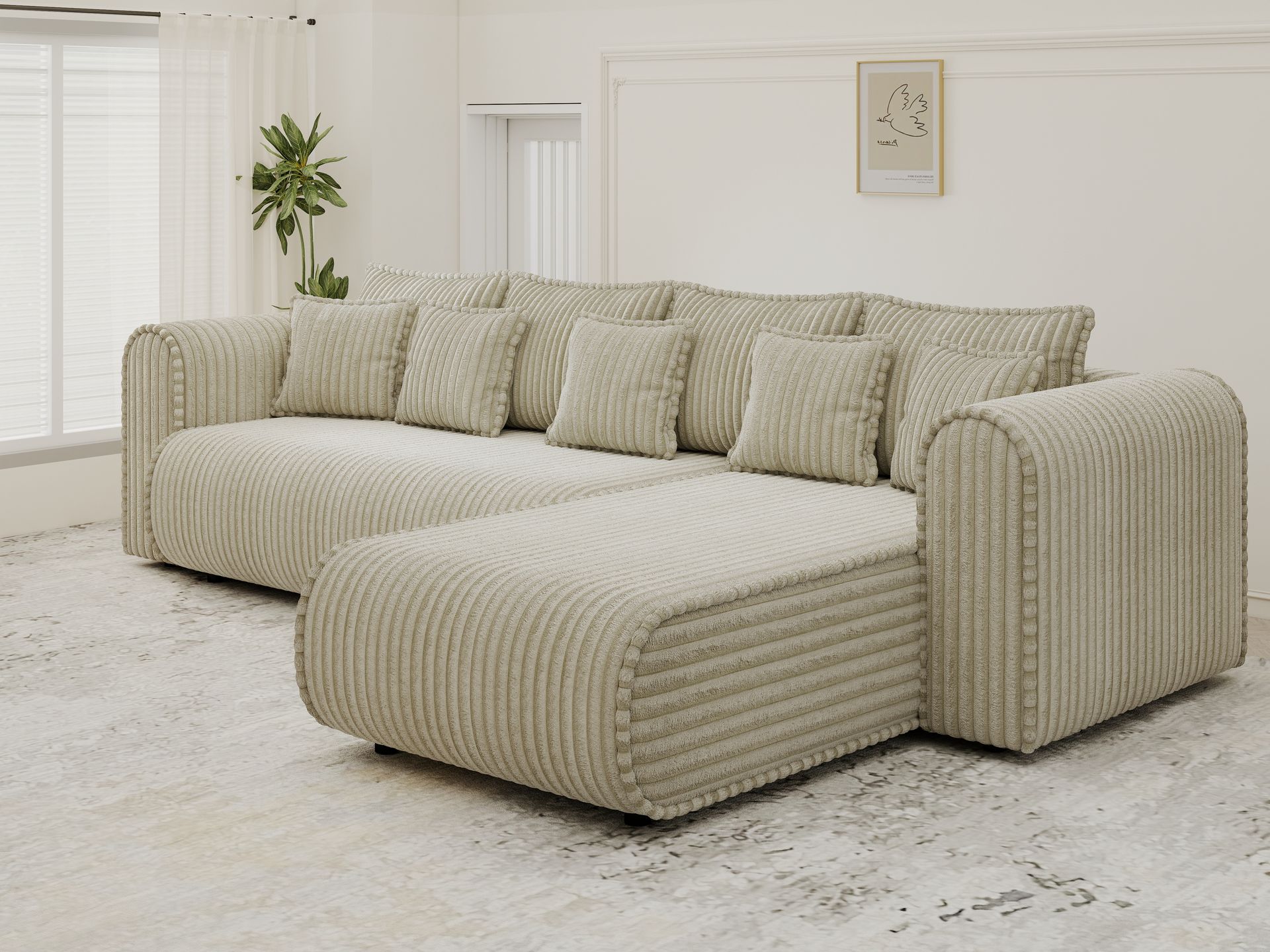 Colțar extensibil dumonde cu ladă de depozitare si sezut confortabil din spuma high-density, Monaco XL Tilia Bej II 340x185 cm