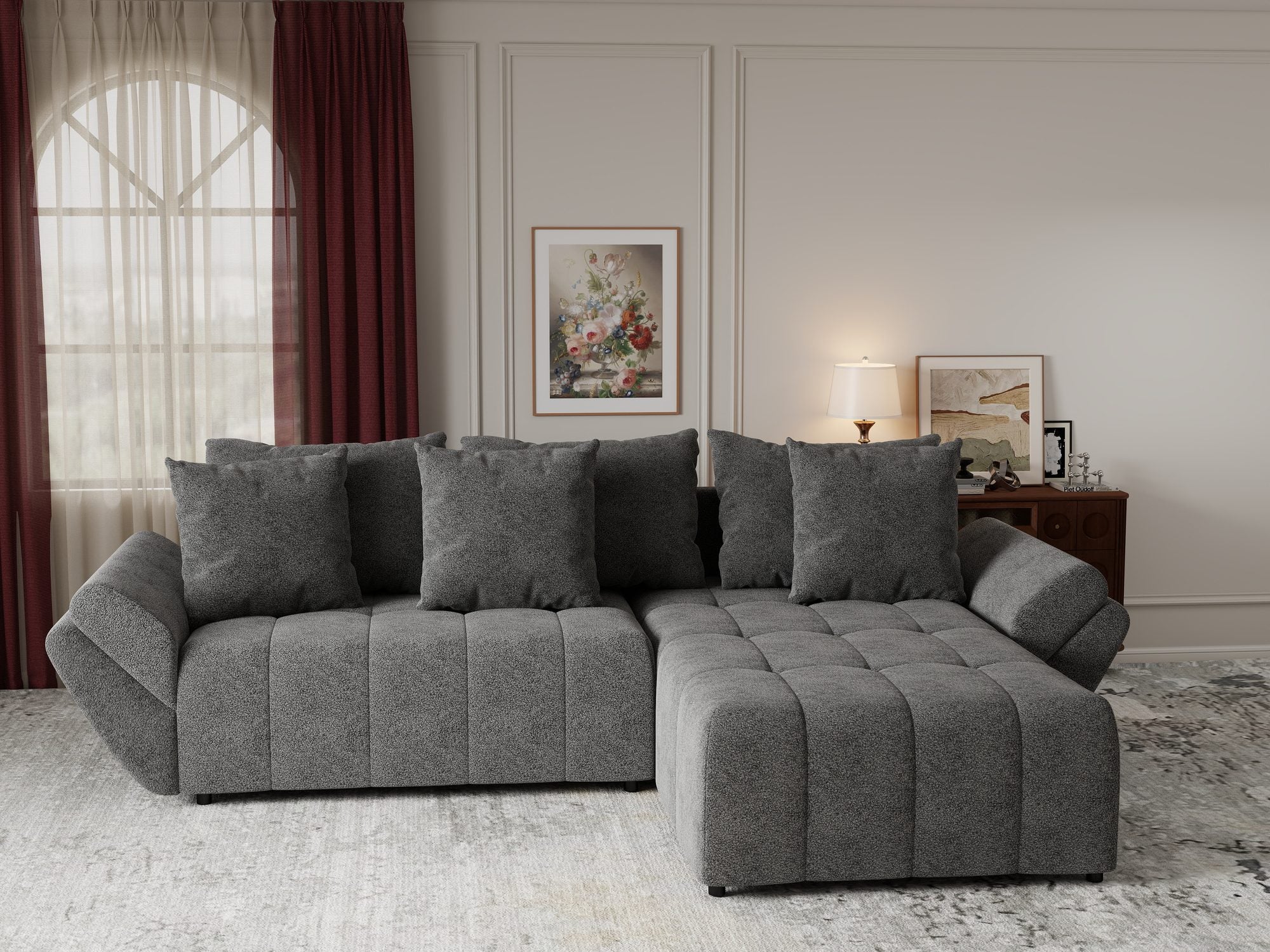 Colțar extensibil dumonde cu ladă de depozitare si sezut confortabil din spuma high-density, Berlin Quelle Gri 92 II 280x185 cm