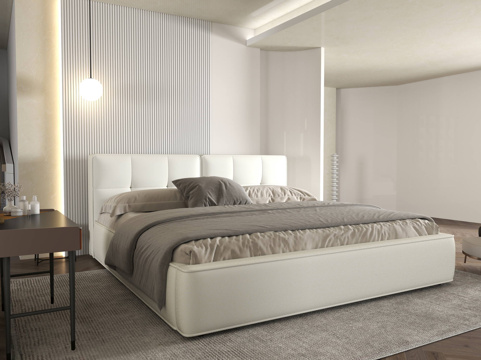 Dumonde kárpitozott ágy, bézs, Madrid 160x200 cm, felnyitható ágyráccsal, tárolóhellyel