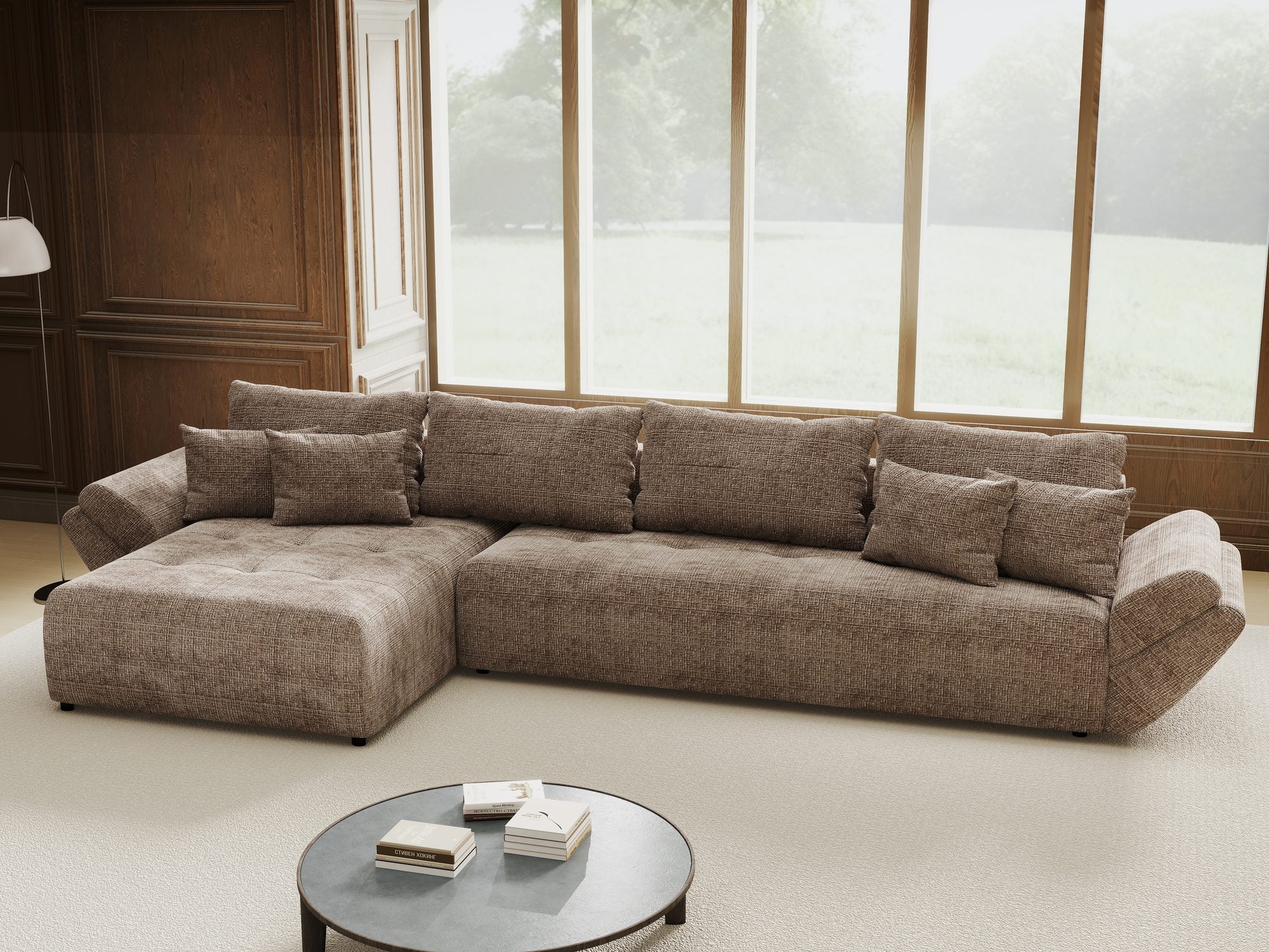 Colțar extensibil dumonde cu ladă de depozitare si sezut confortabil din spuma high-density, Berlin XL Cremona Maro-bej 24 350x185 cm