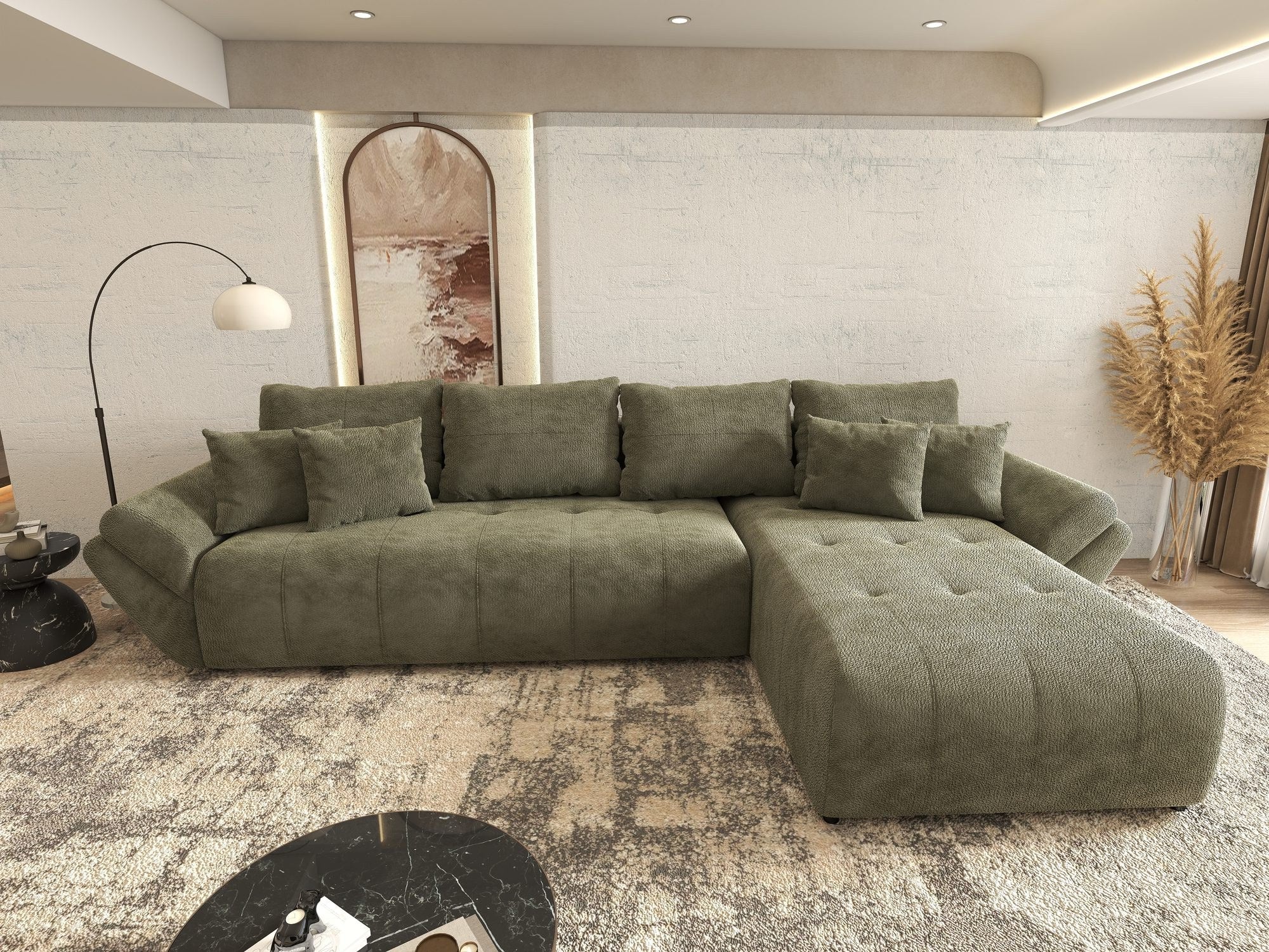 Colțar extensibil dumonde cu ladă de depozitare si sezut confortabil din spuma high-density, Berlin XL Vibe Olive 38 II 350x185 cm
