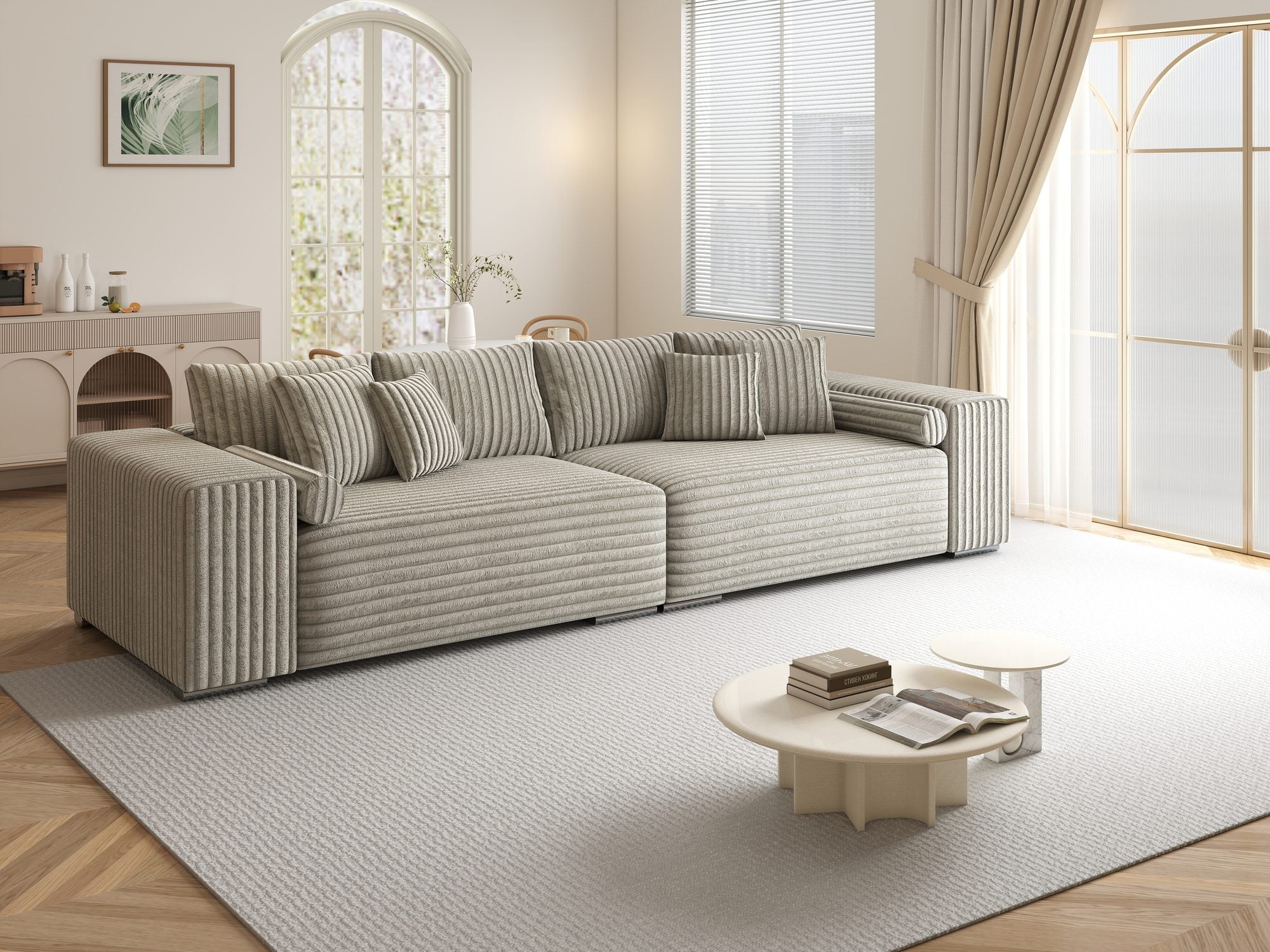 Canapea extensibilă dumonde cu ladă de depozitare si sezut confortabil din spuma high-density, Marbela XXL Tilia Gri- Bej 11 290x100 cm