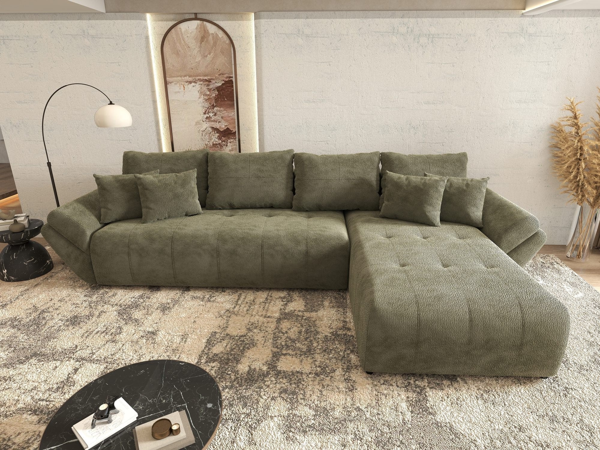 Colțar extensibil dumonde cu ladă de depozitare si sezut confortabil din spuma high-density, Berlin XL Vibe Olive 38 II 350x185 cm