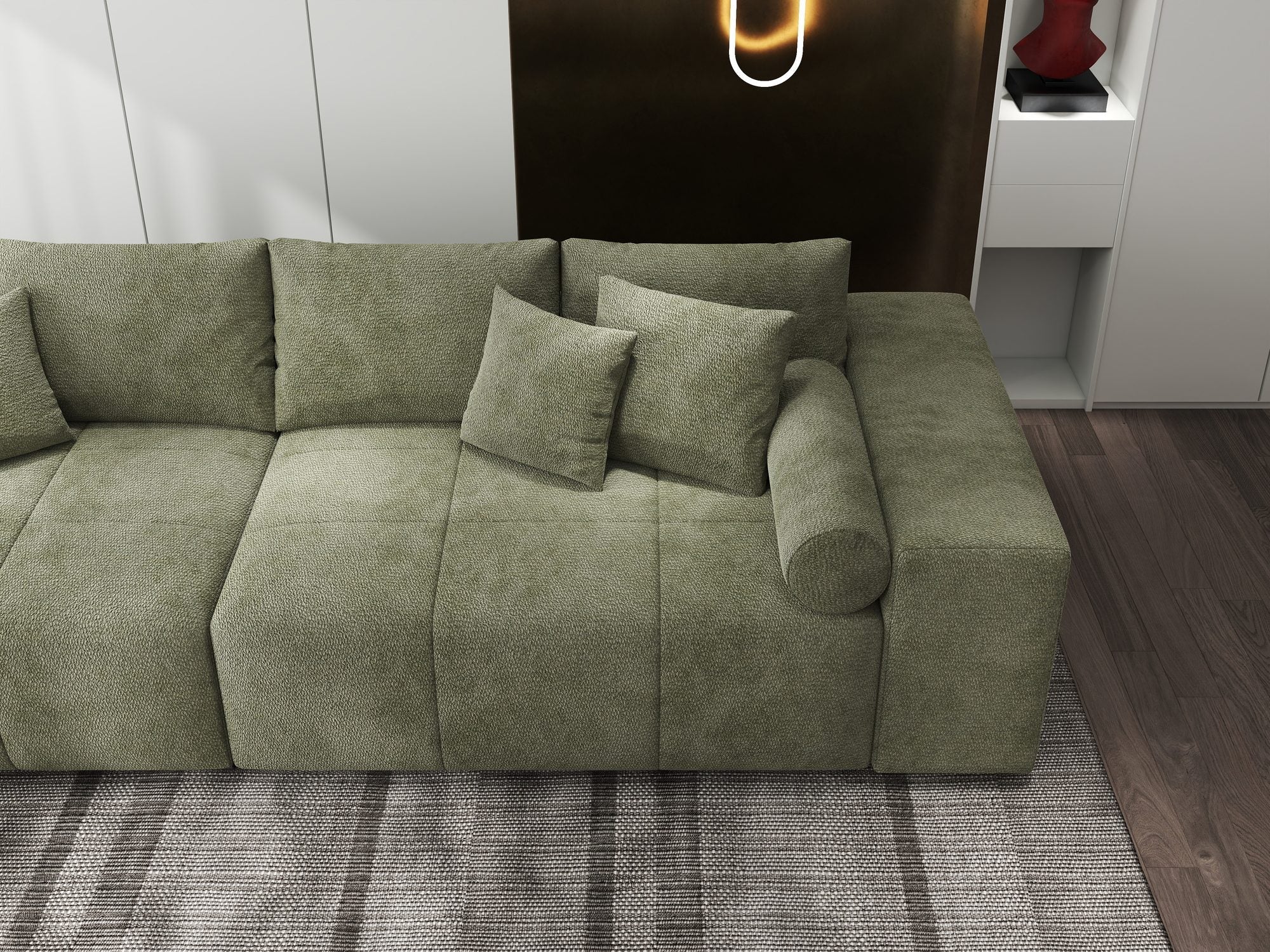 Canapea extensibilă dumonde cu ladă de depozitare si sezut confortabil din spuma high-density, Marbela XXL Vibe Olive 38 290x100 cm