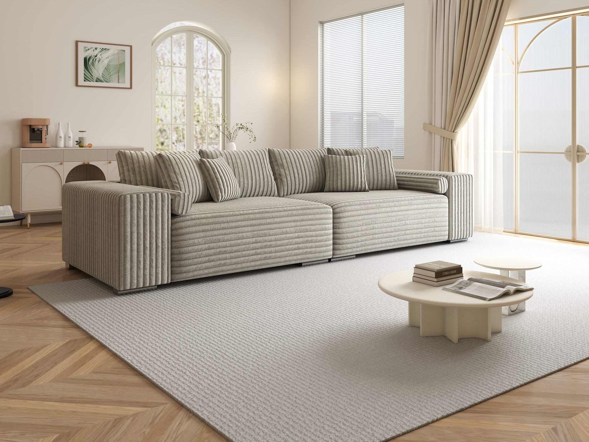Canapea extensibilă dumonde cu ladă de depozitare si sezut confortabil din spuma high-density, Marbela XXL Tilia Gri- Bej 11 290x100 cm