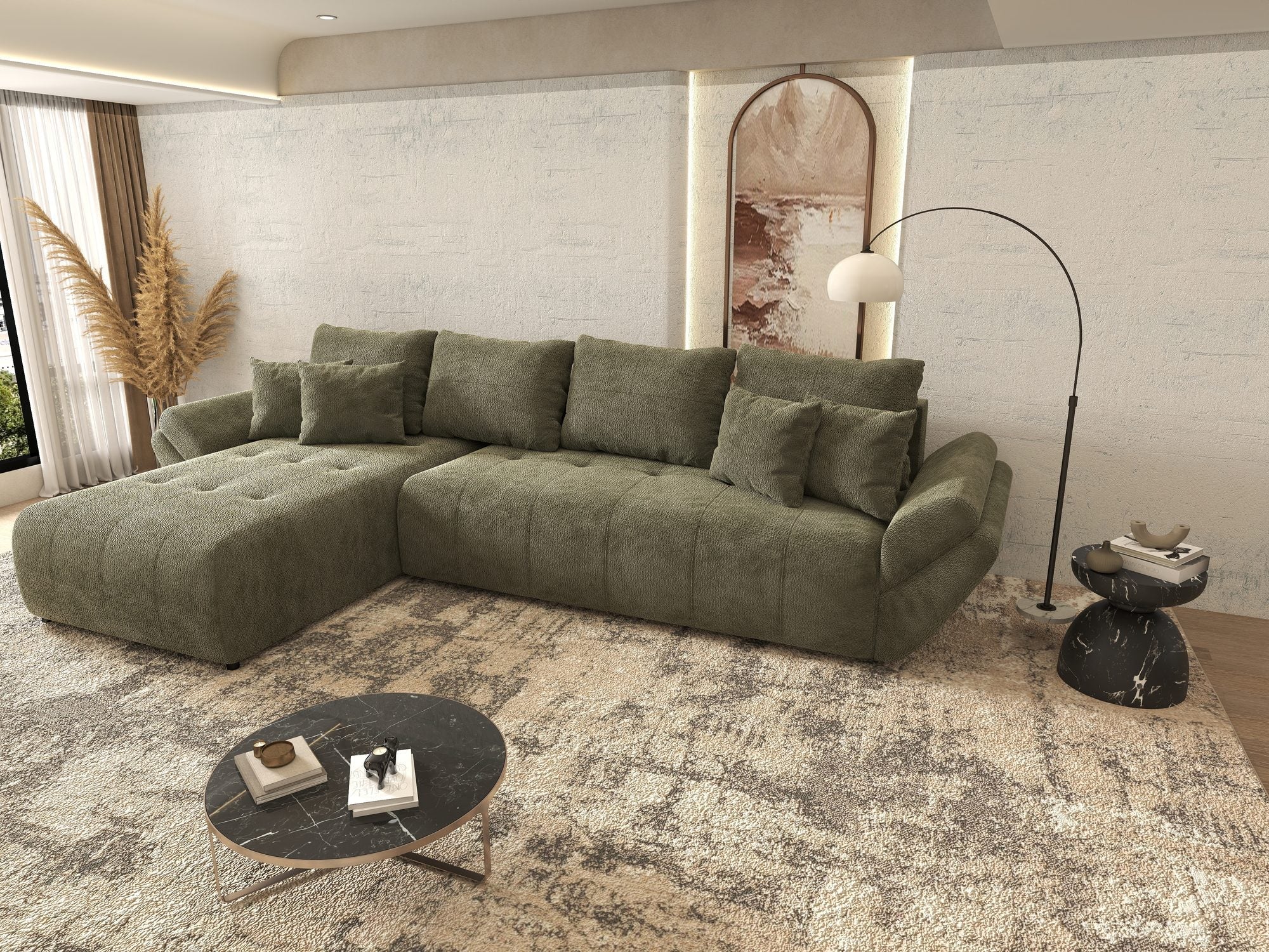 Colțar extensibil dumonde cu ladă de depozitare si sezut confortabil din spuma high-density, Berlin XL Vibe Olive 38 350x185 cm