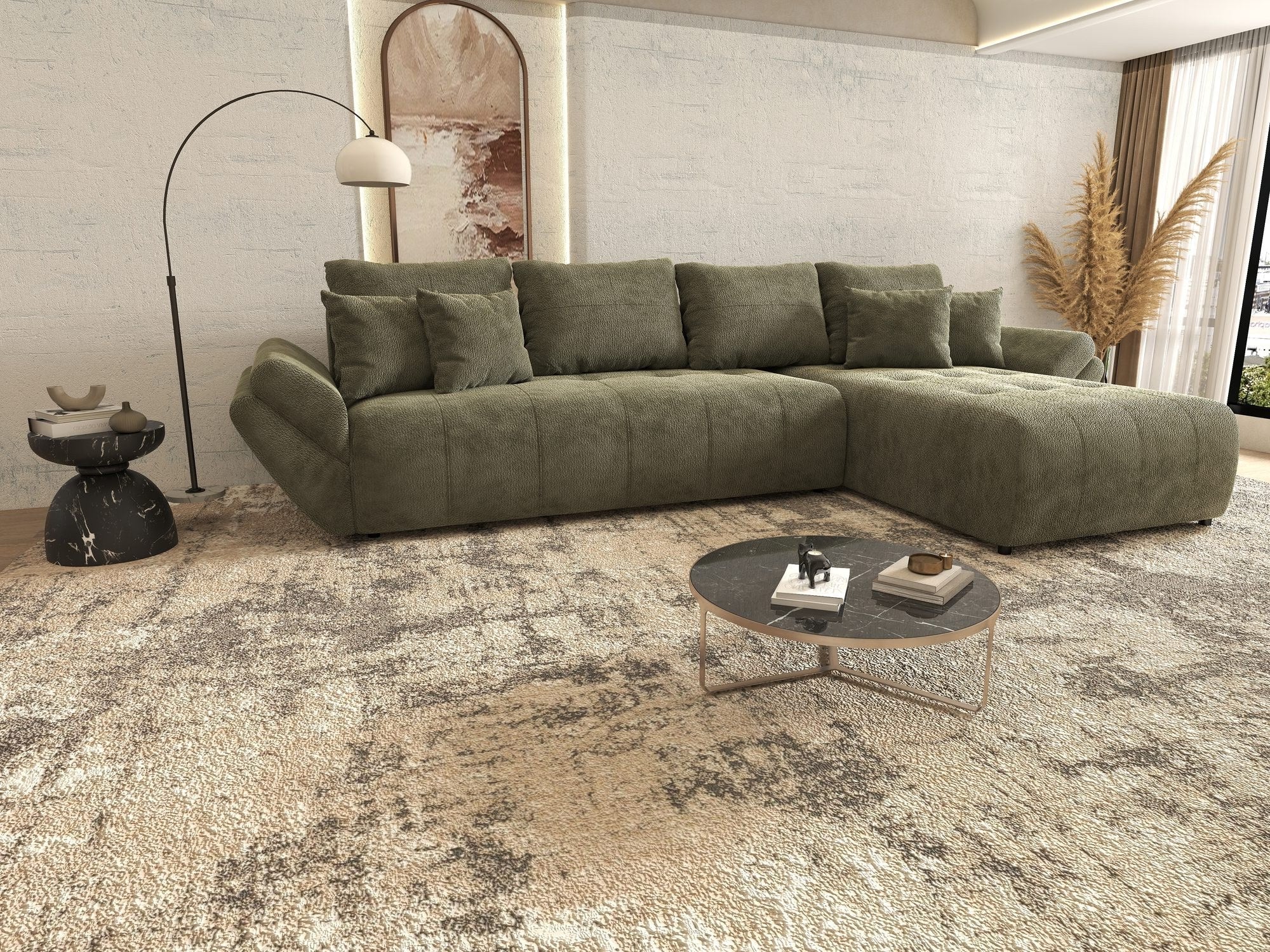 Colțar extensibil dumonde cu ladă de depozitare si sezut confortabil din spuma high-density, Berlin XL Vibe Olive 38 II 350x185 cm
