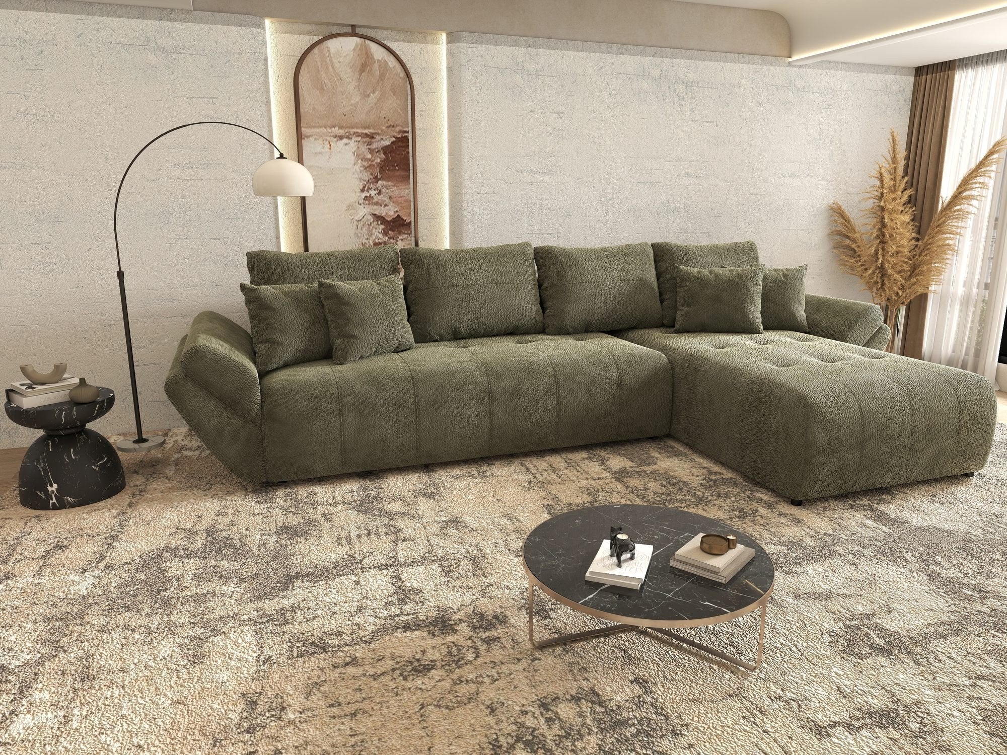 Colțar extensibil dumonde cu ladă de depozitare si sezut confortabil din spuma high-density, Berlin XL Vibe Olive 38 II 350x185 cm