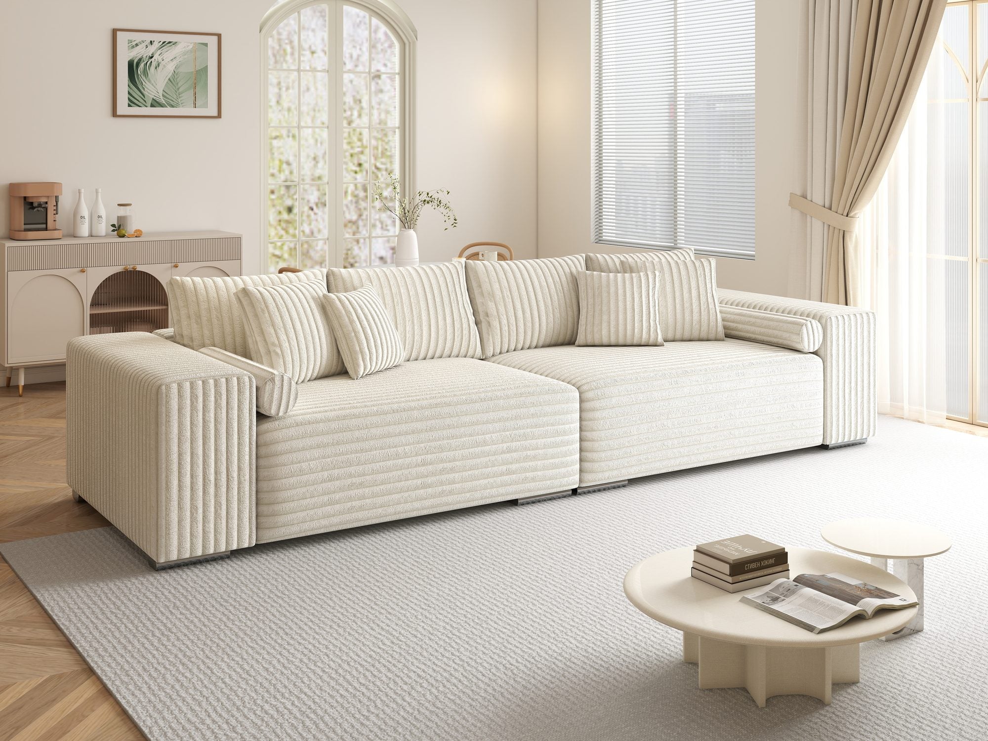 Canapea extensibilă dumonde cu ladă de depozitare si sezut confortabil din spuma high-density, Marbela XXL Tilia Bej 01 290x100 cm