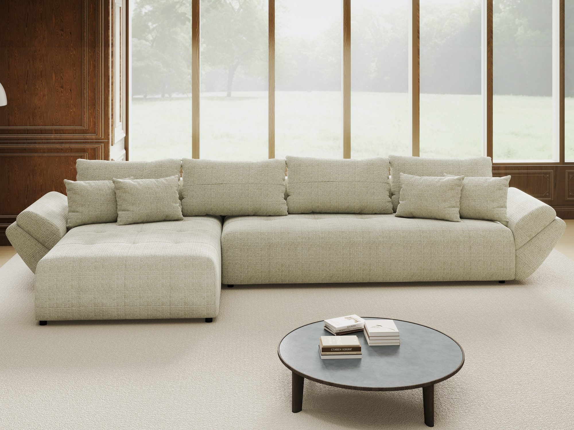 Colțar extensibil dumonde cu ladă de depozitare si sezut confortabil din spuma high-density, Berlin XL Cremona Bej 04 350x185 cm