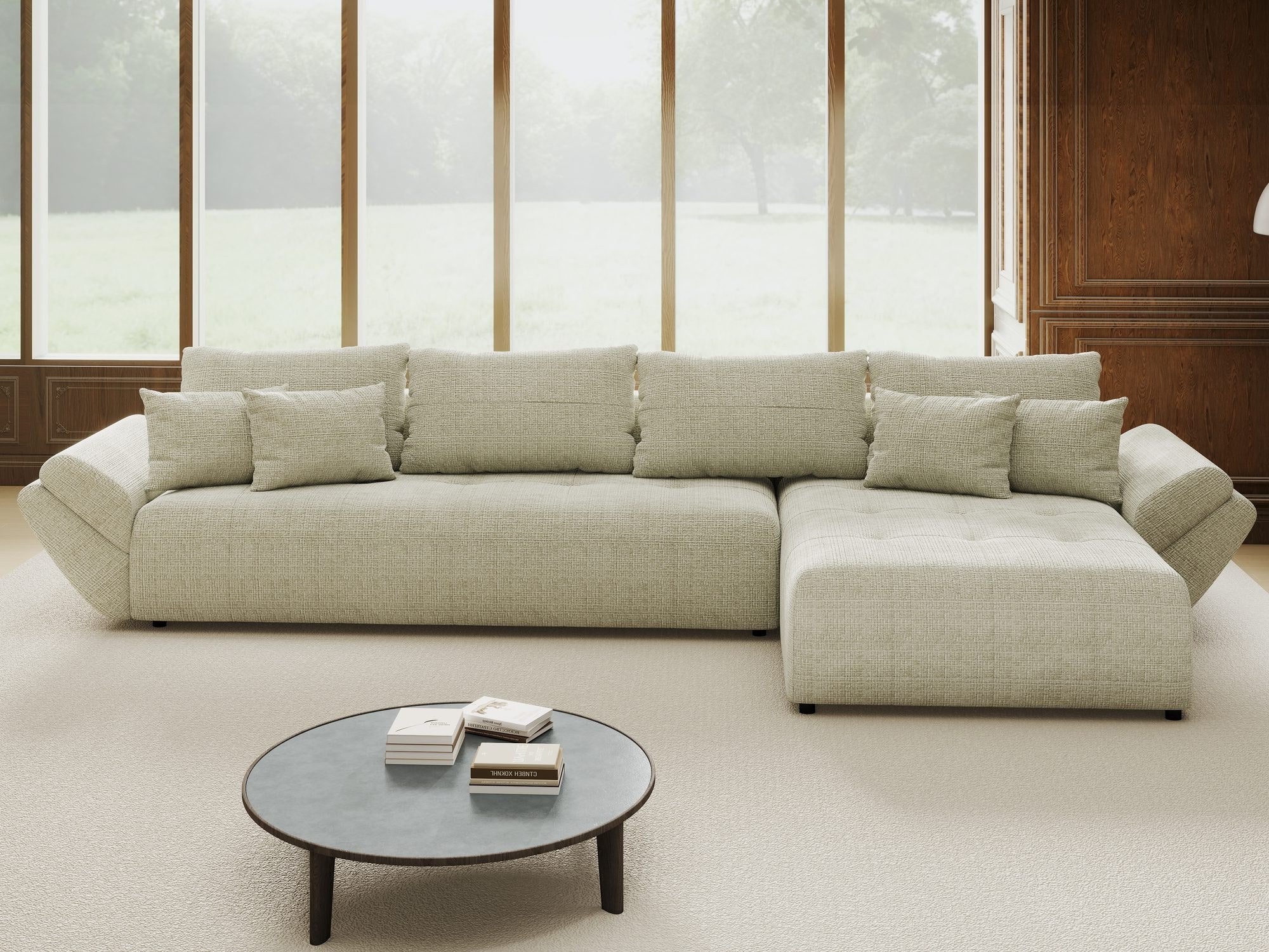 Colțar extensibil dumonde cu ladă de depozitare si sezut confortabil din spuma high-density, Berlin XL Cremona Bej 04 II 350x185 cm