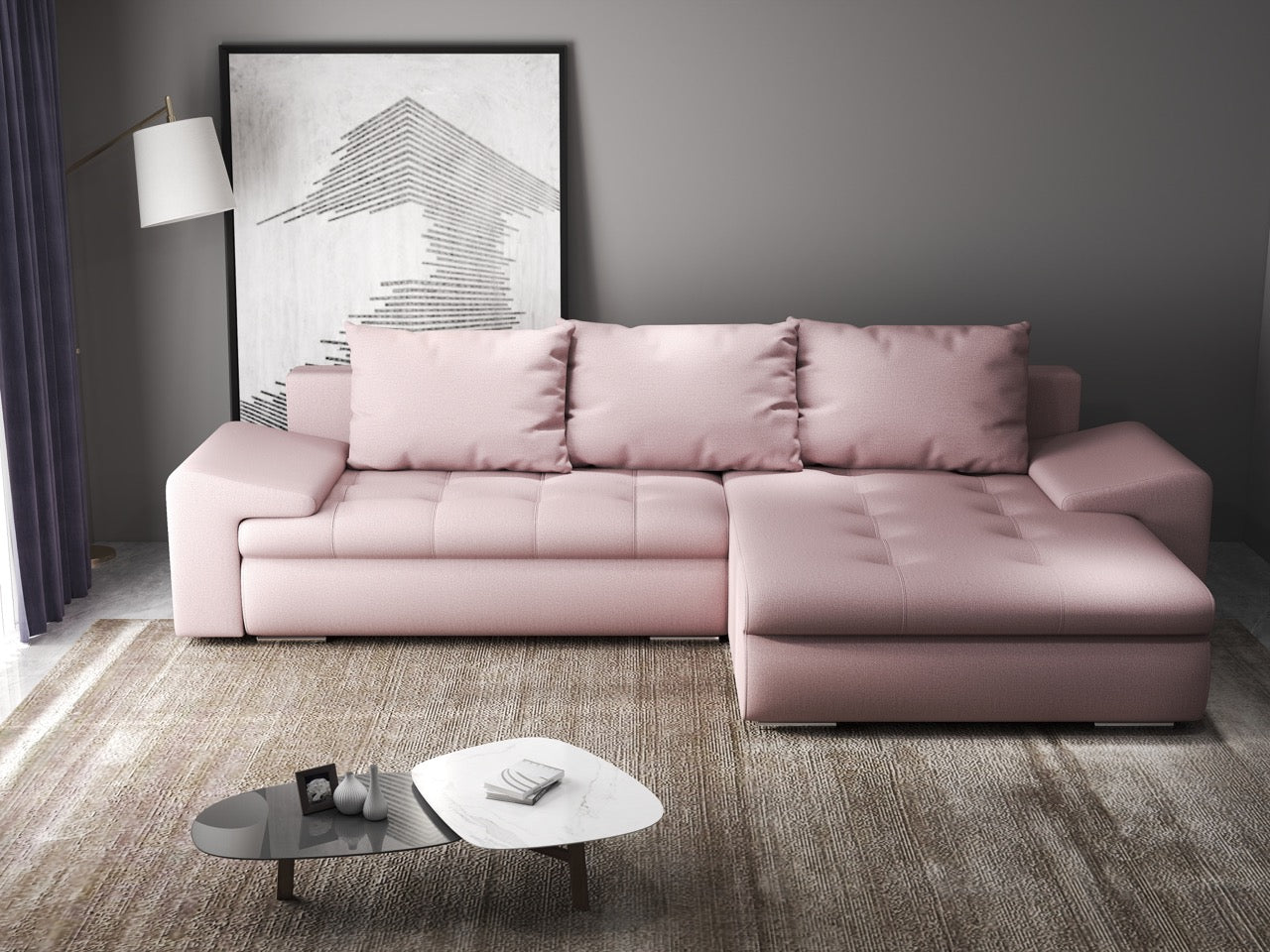 Colțar extensibil dumonde cu ladă de depozitare si sezut confortabil din spuma HR, Leonardo Enjoy Roz 260x185 cm II Fabrica
