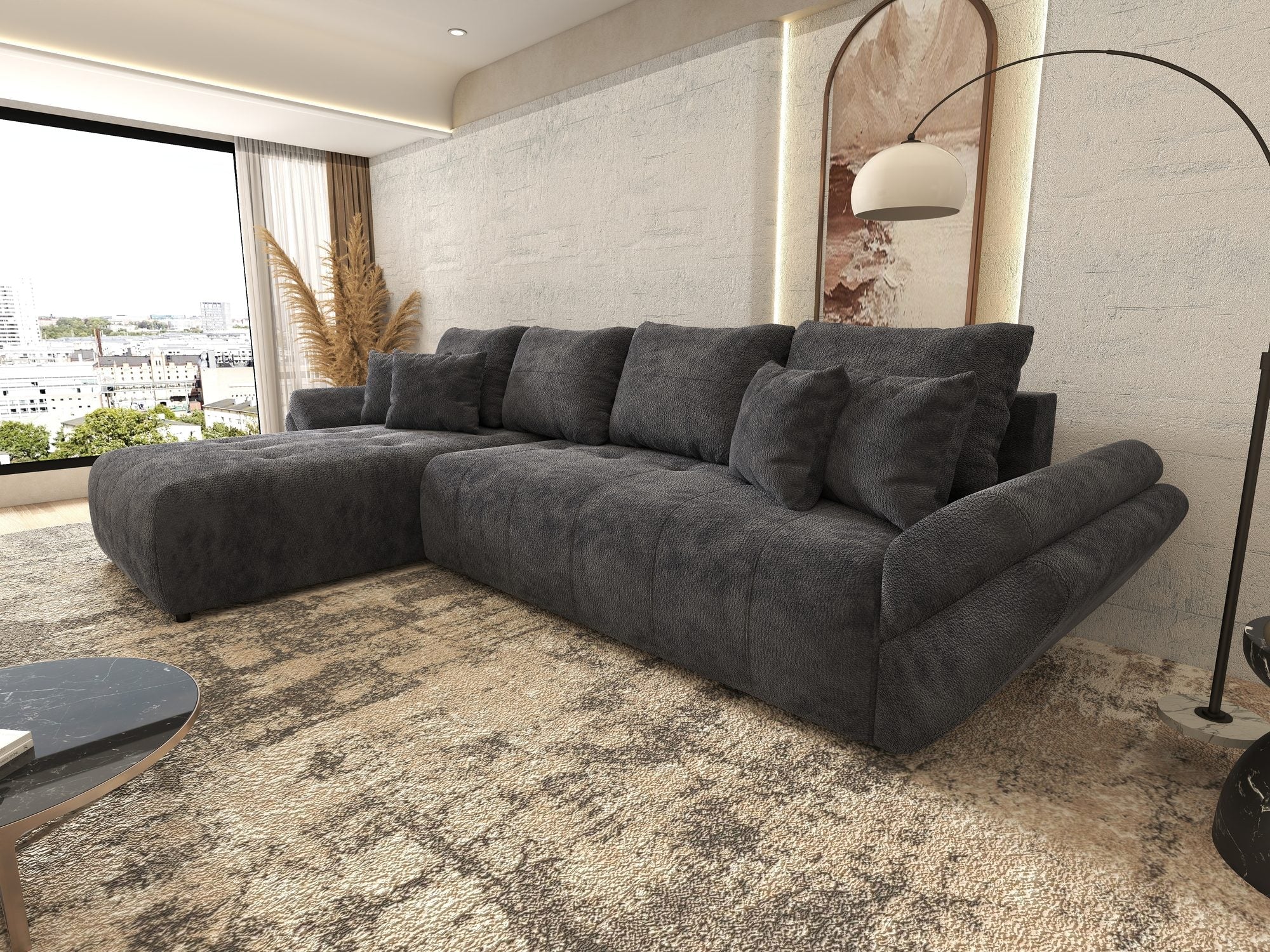 Colțar extensibil dumonde cu ladă de depozitare si sezut confortabil din spuma high-density, Berlin XL Vibe Gri Antracit 97 350x185 cm